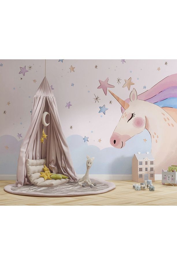 Boynuzlu At - Unicorn Kız Çocuk Odası Kendinden Yapışkanlı Duvar Folyosu