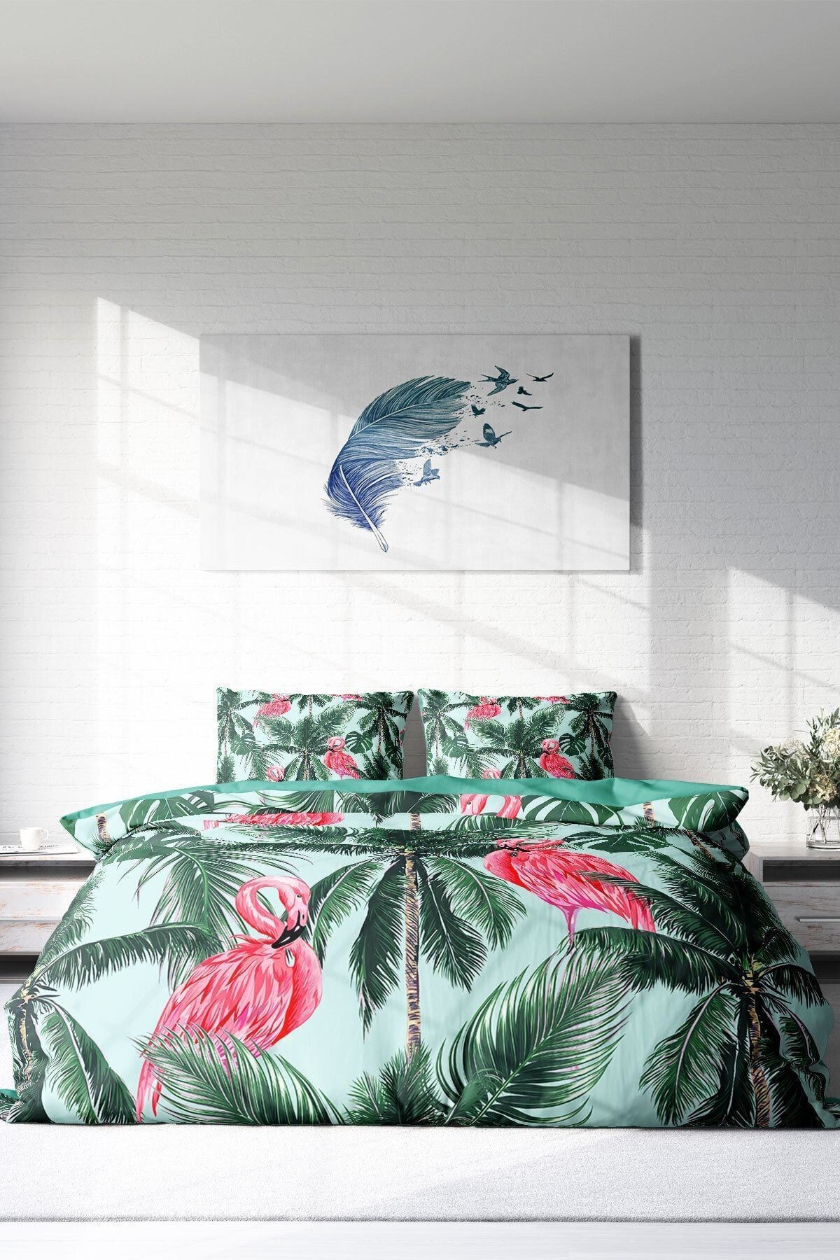 Nevresim Takımı %100 Doğal Pamuk Çift Kişilik 3d Digital Flamingo Iı