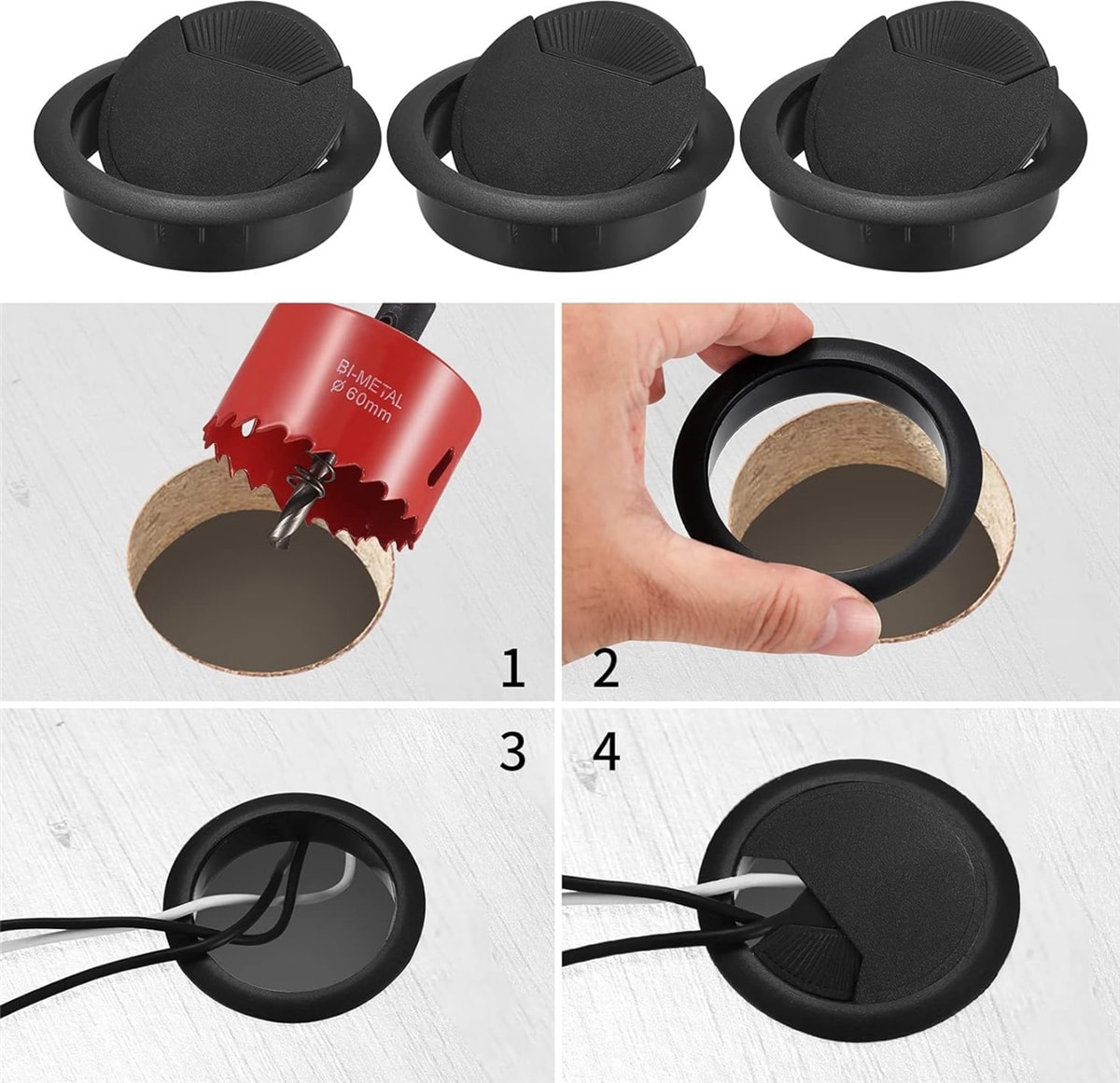 20'li Paket Kablo Grommet Masası, Kablo Geçidi, 1 x Delik Testeresi ile 60 mm Plastik Kablo Kapağı, Siyah Kablo Çıkışı Yuvarlak (Yurt Dışından)