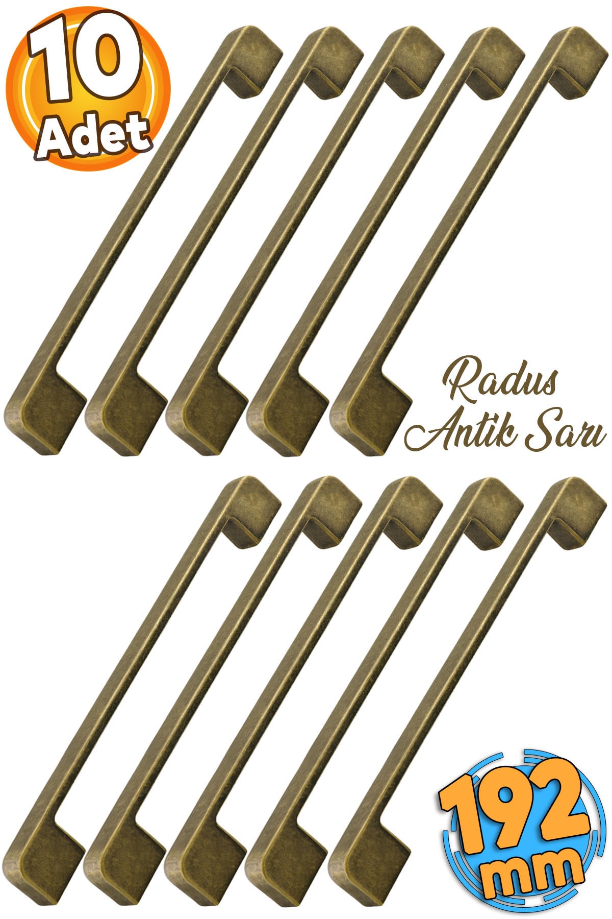 BADEM10 Radus Eskitme Antik Sarı 192 Mm Metal Mobilya Mutfak Çekmece Dolap Kulpu Kulbu Kulpları 10 Adet
