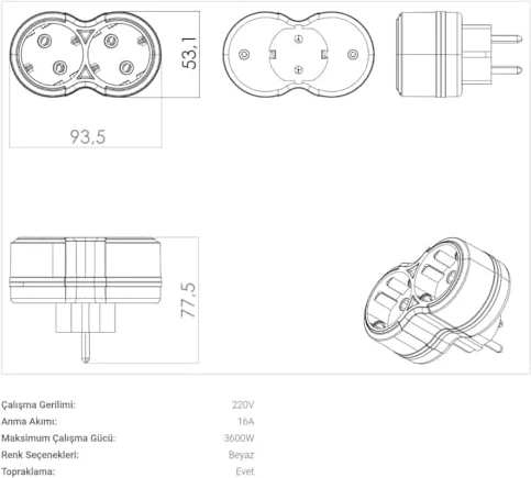 2&apos;li Priz Topraklı 2li Priz, 2x Çoğaltıcı Grup Priz Fiş