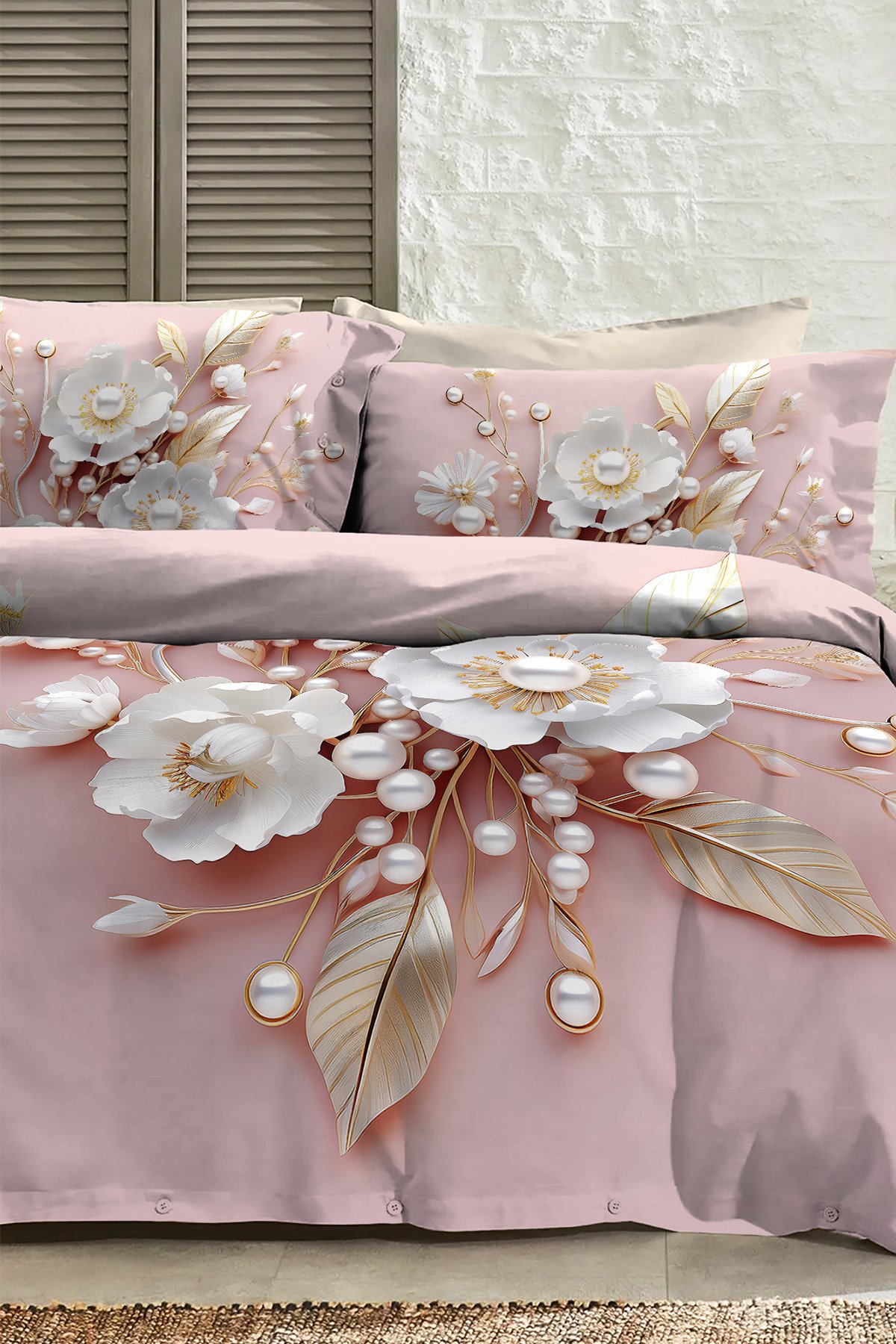 %100 Pamuk Ranforce Çeyizlik Luxury 5d Dijital Çift Kişilik Nevresim Takımı Pink Pearls