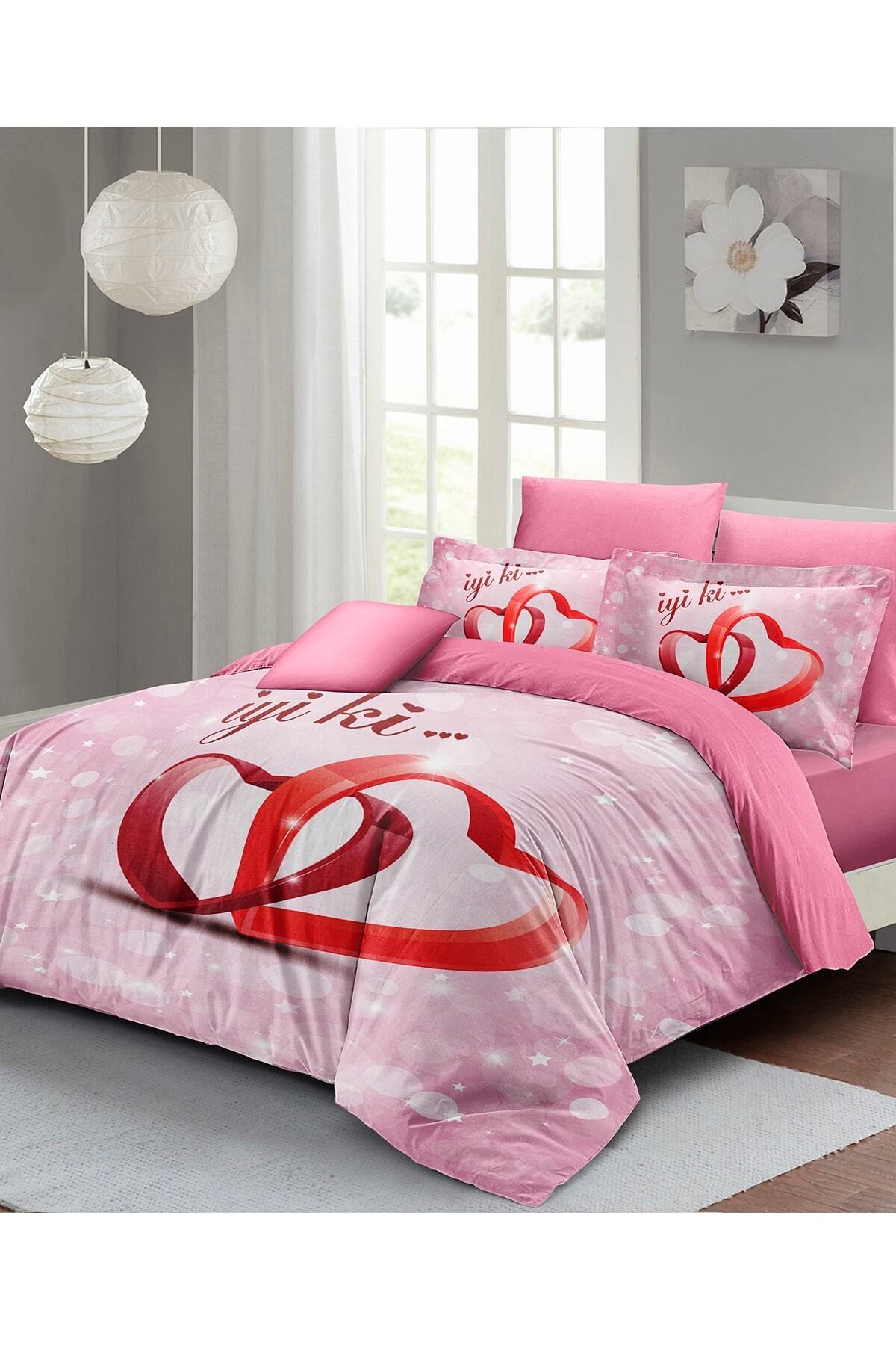 Kıng Sıze Sevgililer Günü Çift Kişilik Nevresim Takımı%100 Pamuk Saten Iyi Ki Sen 220x240cm