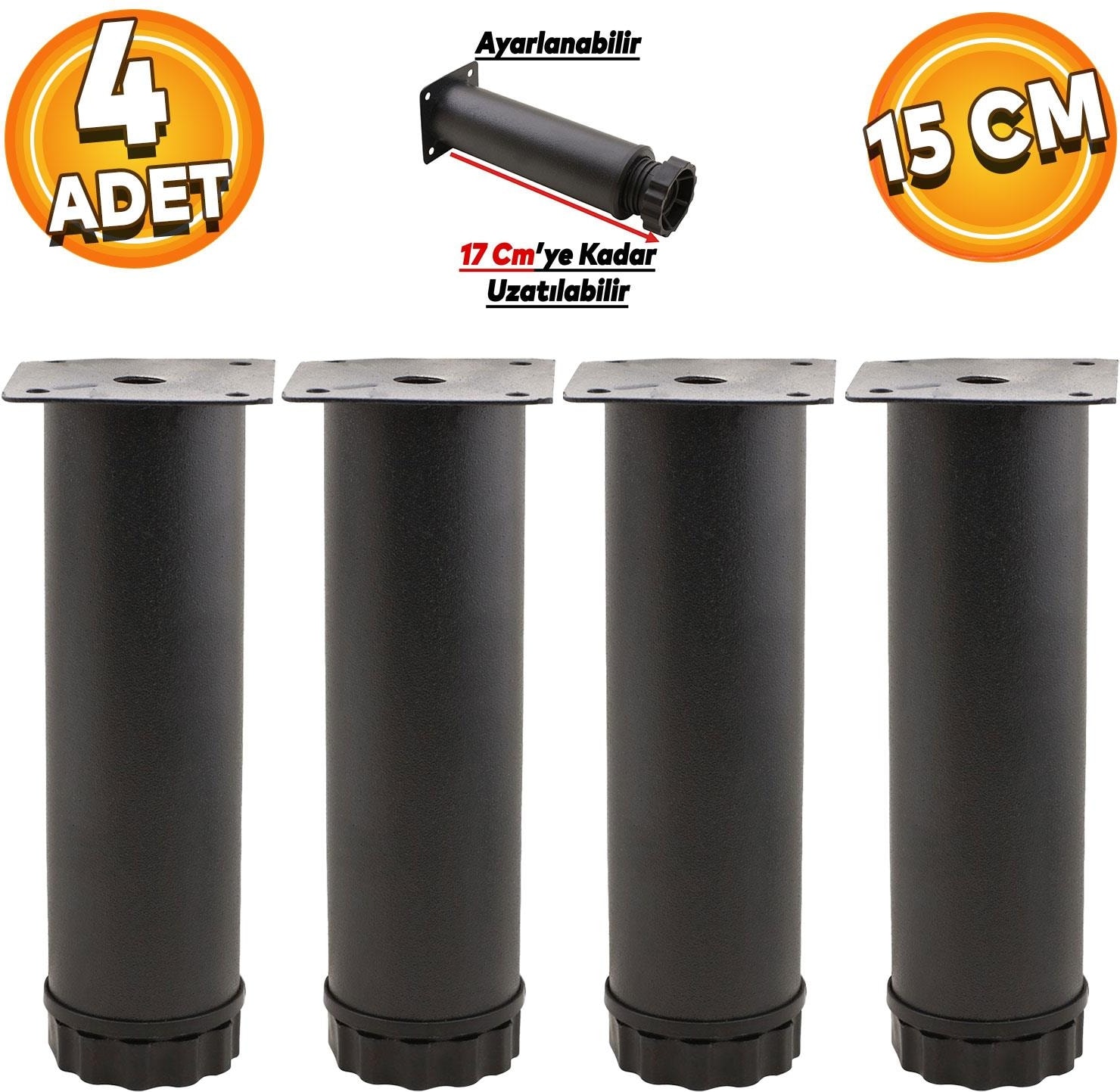 Ayarlanabilir Mobilya Kanepe Baza Koltuk Metal Yükseltici Destek Ayağı 15 Cm Siyah Ayakları 4 Adet