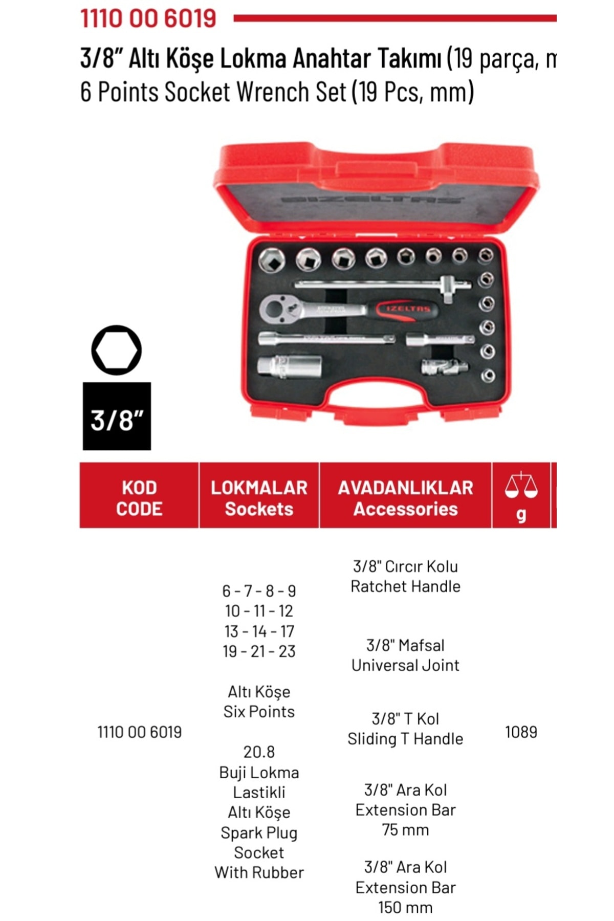 İZELTAŞ Lokma Takımı 3/8 Altı Köşe (19 Parça)