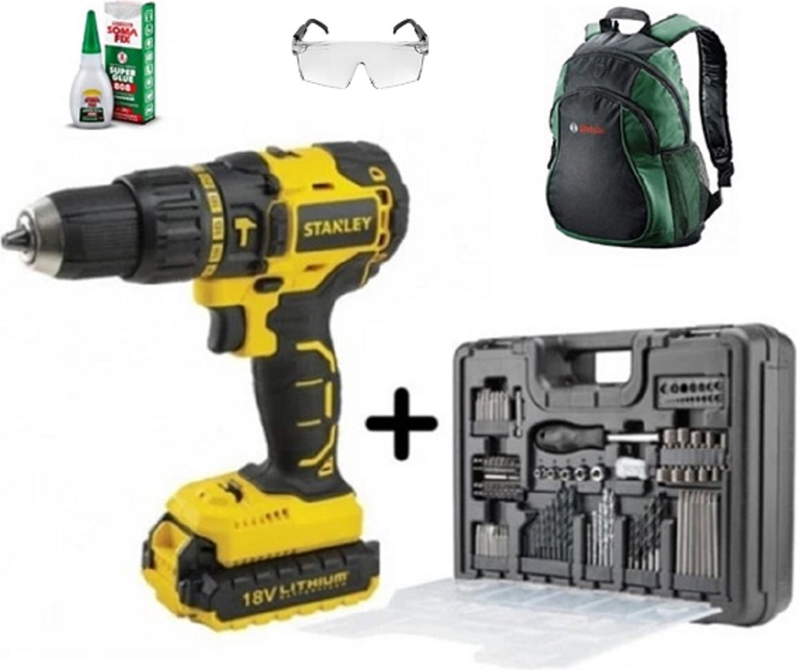 STANLEY SCD718 Çift Akülü Vidalama + 100 Ad Aksesuar + Sırt Çantası + Gözlük + Yapıştırıcı Seti