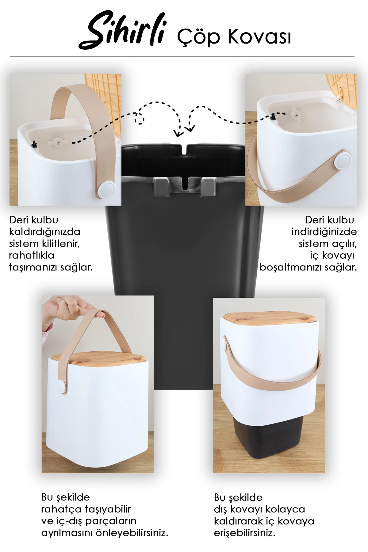 4Lt Ahşap Görünümlü Çöp Kovası - Akıllı Kapak Tutma Saplı Kovalı Tezgah Üstü Mutfak Çöp Kovası Beyaz