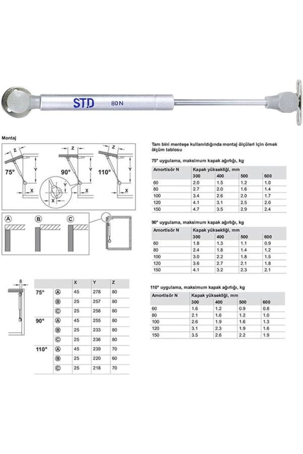 FEYZAYAPI 4 ADET STD Dolap Amortisörü Gazlı Piston Kapak Hidroliği 27 cm 80N