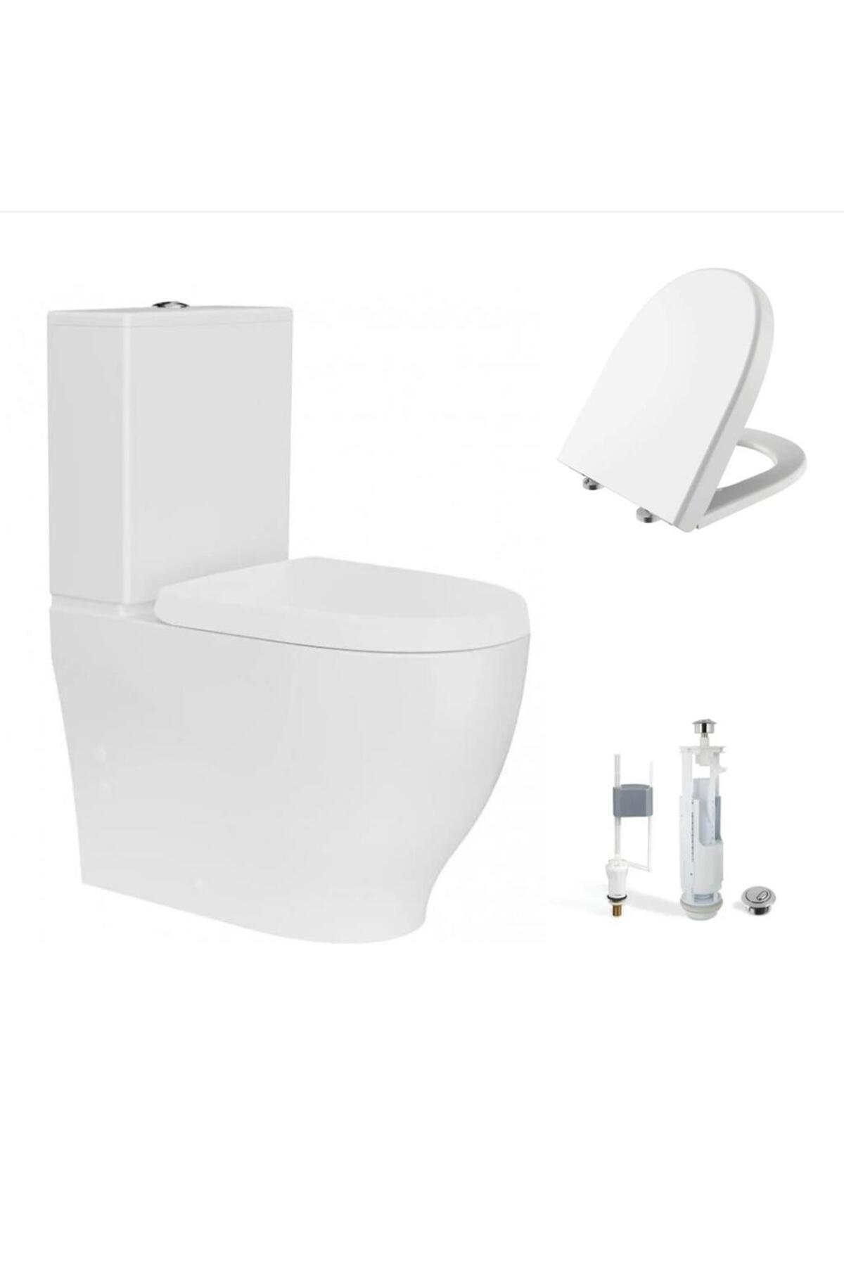Mare Duvara Sıfır Kanalsız Klozet + Rezervuar + Duroplast Kapak + Çift Basmalı İç Takım SET