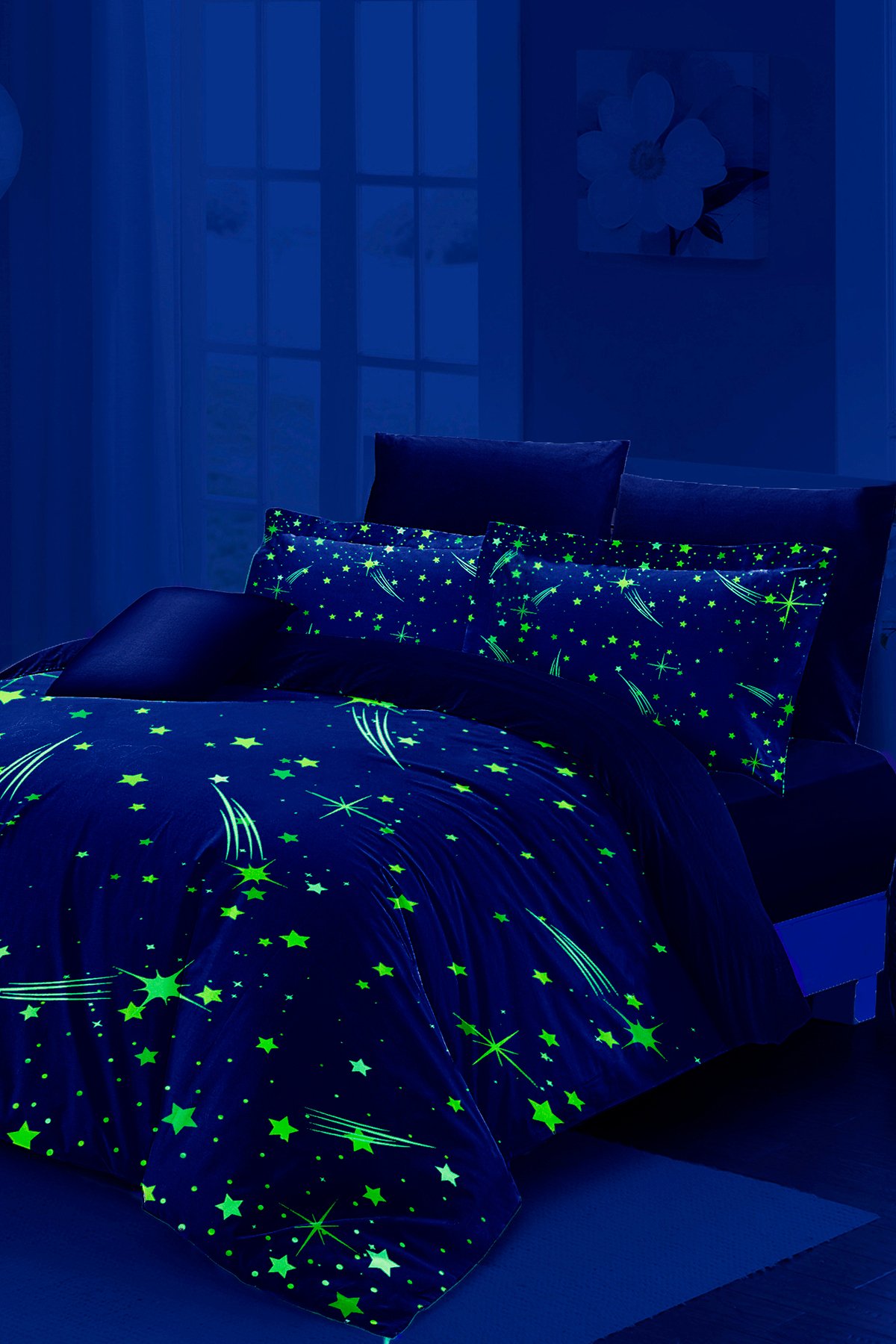 Neonlu Fosforlu Nevresim Takımı (LASTİKLİ ÇARŞAFLI) Çift Kişilik %100 Pamuk Saten Stars Dream