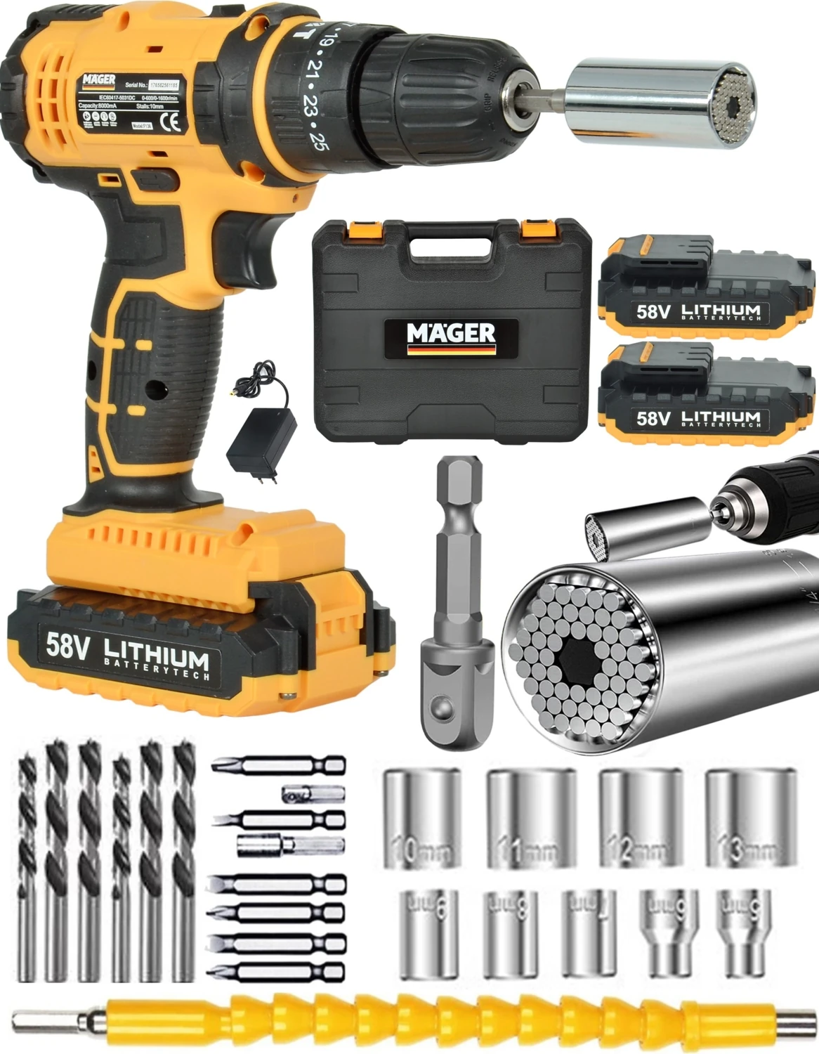 Alman 58 V 5 Ah Cooper Darbeli Çift Metal Şanzuman Bakır Sargili Şarjlı Çift Akülü Vidalama Matkap +Gator Soket