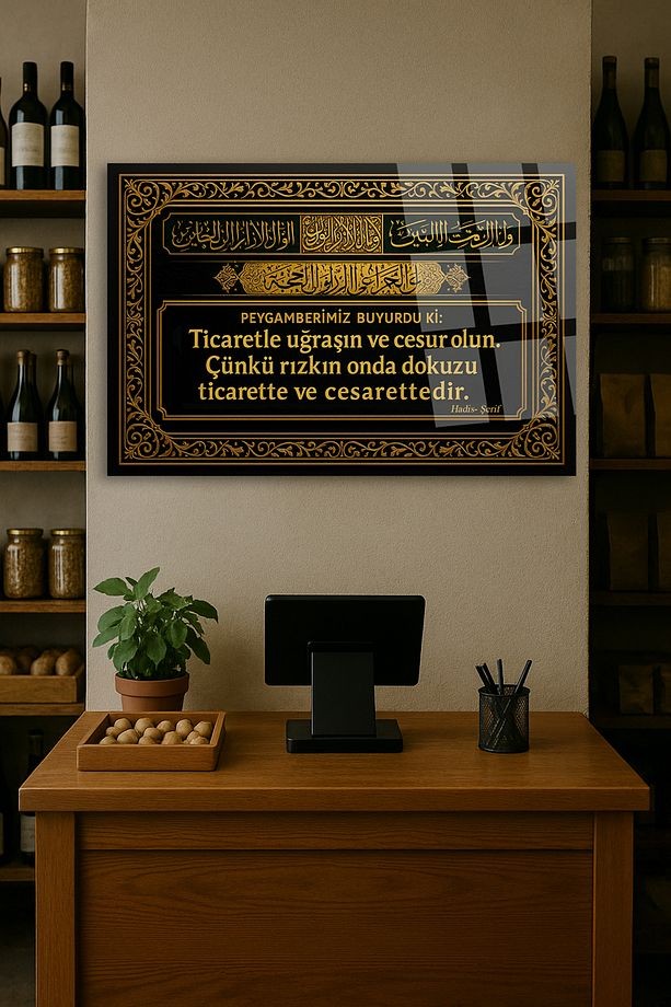 RIZKIN ONDA DOKUZU TİCARETTEDİR HADİS-İ ŞERİF KIRILMAZ CAM TABLO İŞ YERİ HEDİYESİ DİNİ TABLO
