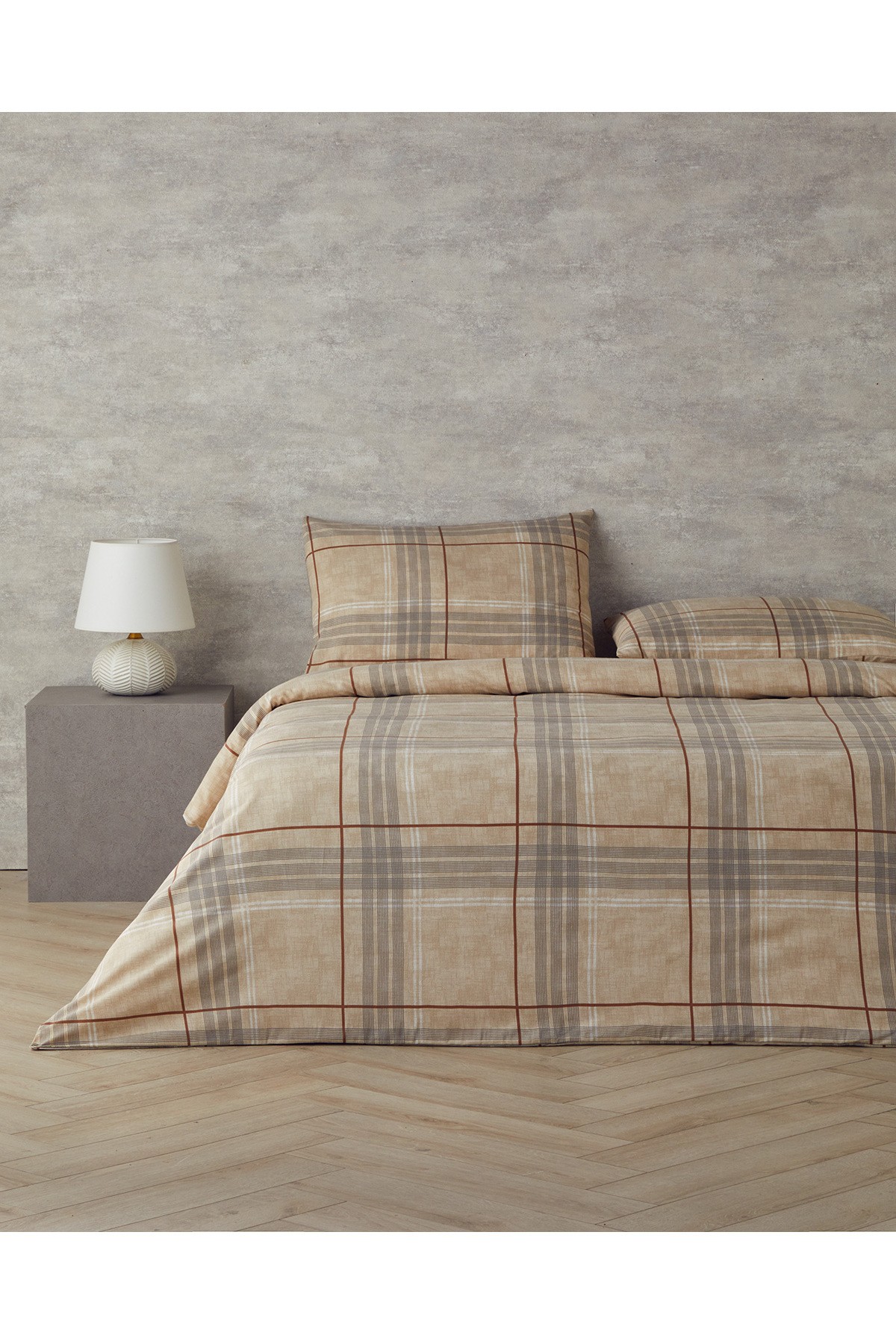 Natural Plaid Kolay Ütülenir Çift Kişilik Nevresim Takımı 200x220 cm Koyu Bej