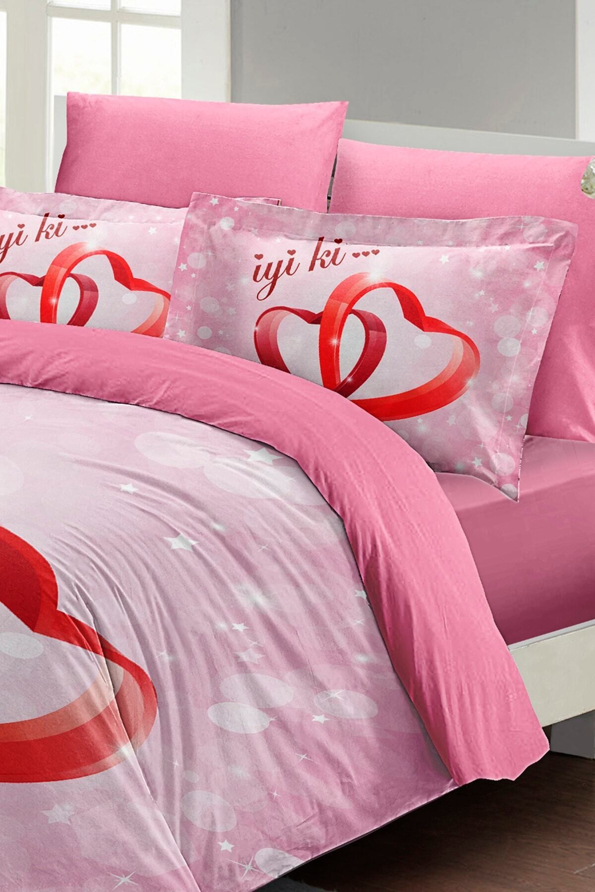 Kıng Sıze Sevgililer Günü Çift Kişilik Nevresim Takımı%100 Pamuk Saten Iyi Ki Sen 220x240cm