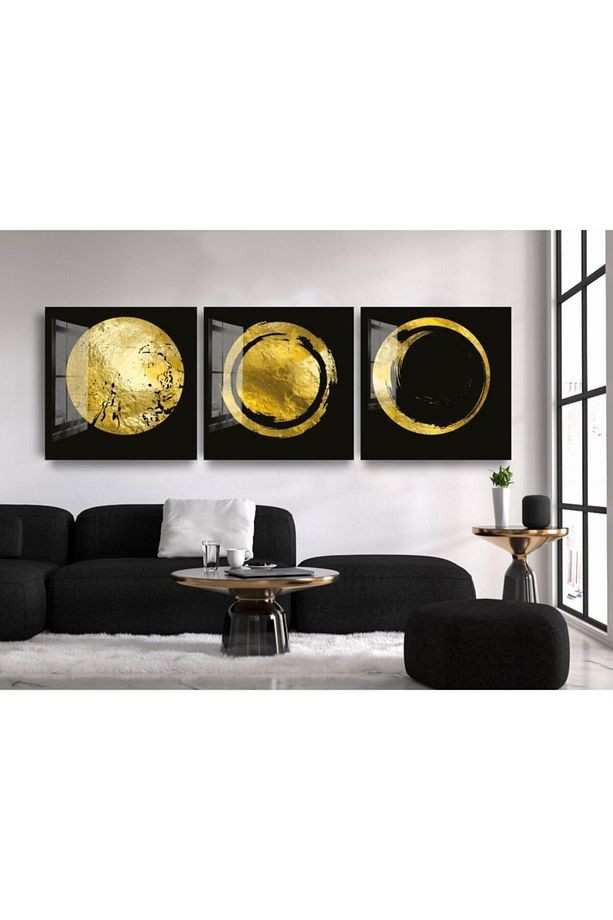 3lü Altın Sarısı Dairesel Soyut Cam Tablo, Modern Tablo, Duvar Dekor, Büyük Tablo, Cam Duvar Tablo