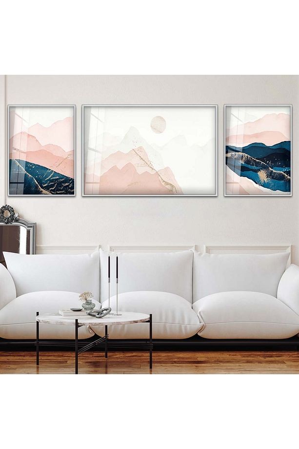 Gümüş Metal Çerçeveli Modern Çizim Soyut Desen Üçlü Kırılmaz Cam Tablo Seti