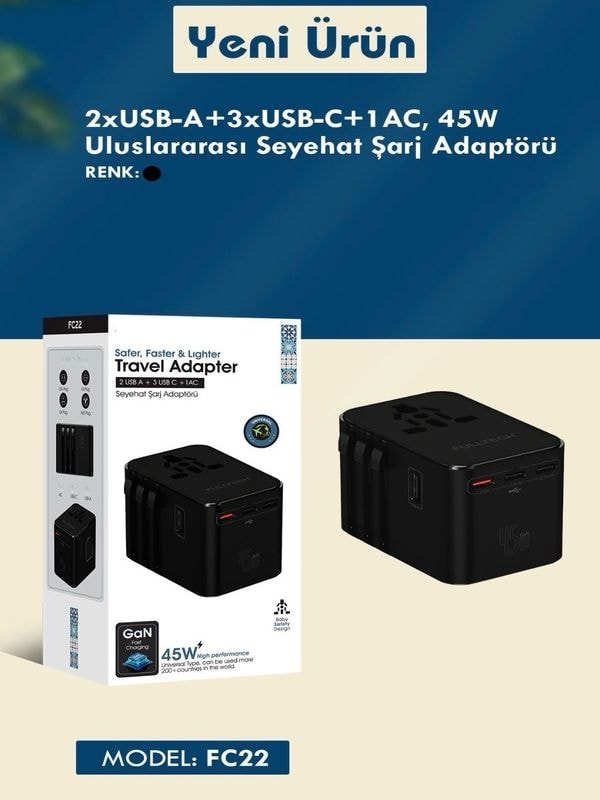 Fc-22 200+ÜLKE 45W Global Seyahat Şarj Aleti - 2 Usb-A, 3 Type-C, 1 Ac Priz Adaptörü Çoğaltıcı