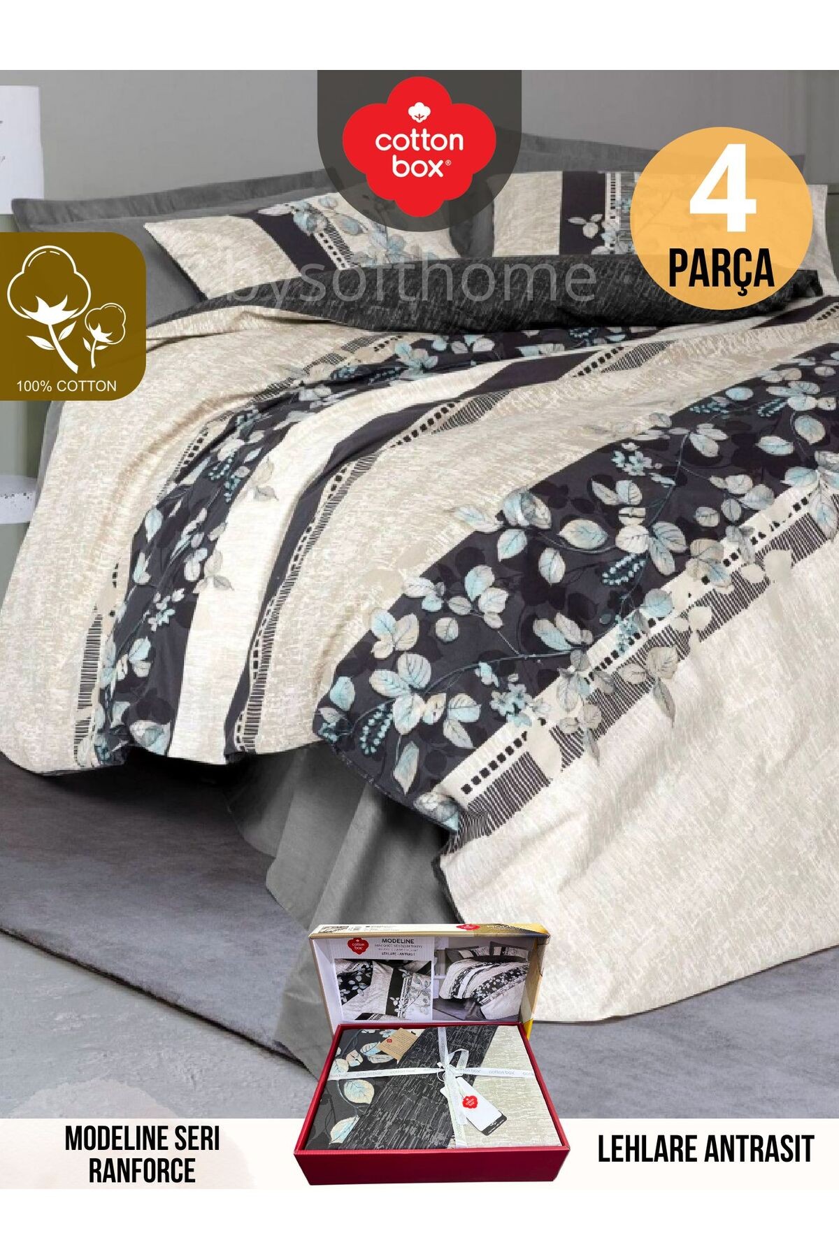 Lehlare Antrasit Modeline Ranforce Çift Kişilik Nevresim Takımı %100 Pamuk