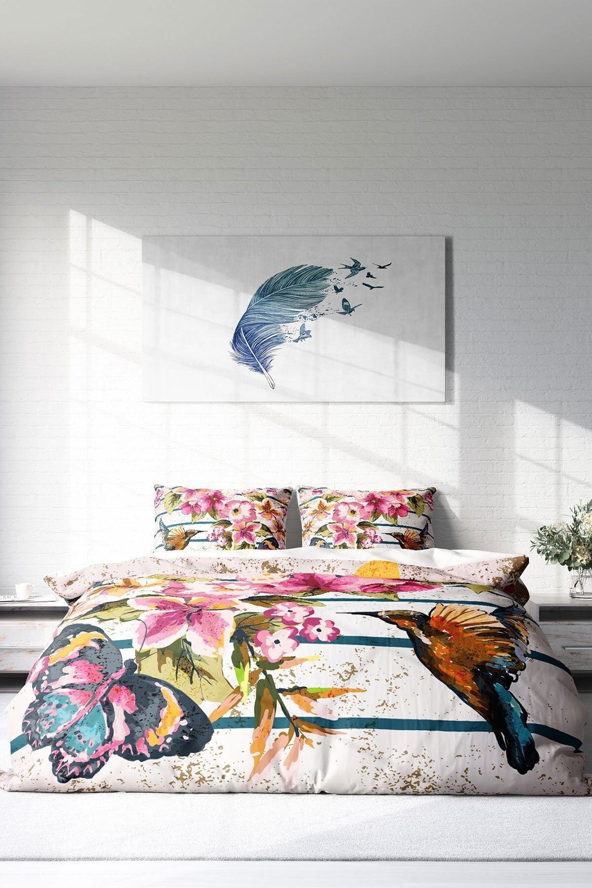 Bird & Butterfly Naturel Çift Kişilik Nevresim Takımı