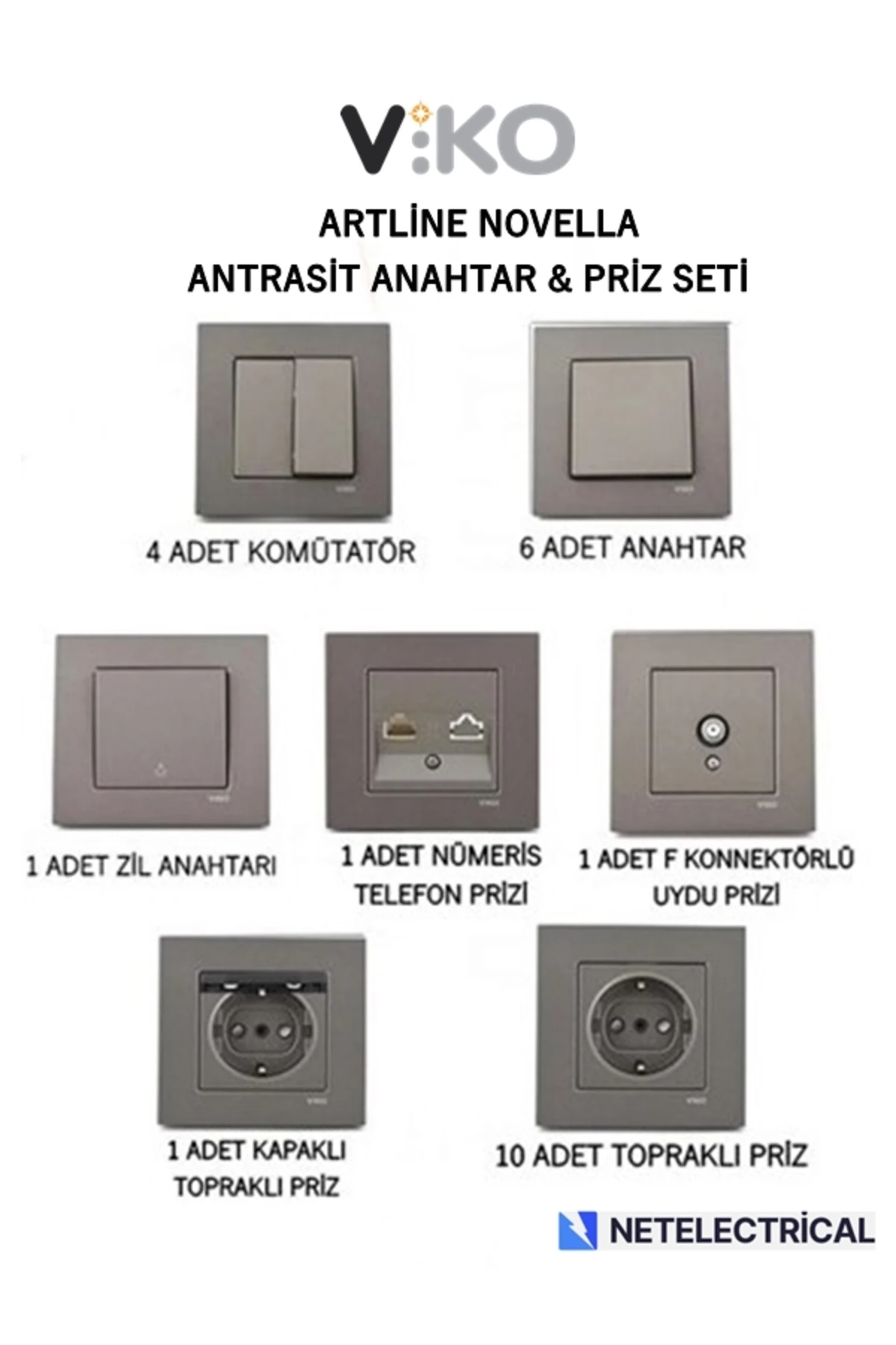 Viko Artline Novella Antrasit Anahtar & Priz Seti