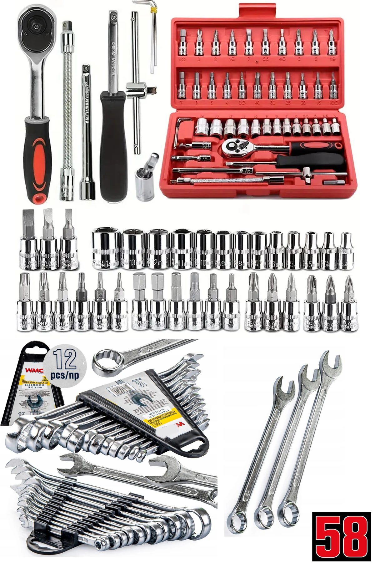 Germany 46+12 Parça Lokma Takımı Otomatik Cırcırlı 1/4" Kombine Açık Ağız-Yıldız Anahtar Takımı Seti