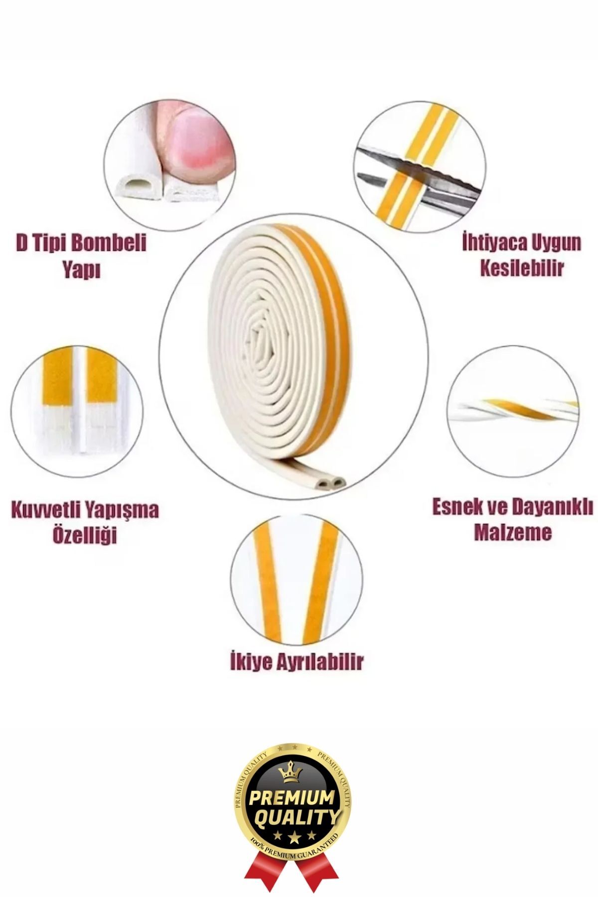 Güçlü Kendinden Yapışkanlı Kapı Pencere Soğuk Hava Geçirmez Yalıtım İzolasyon Beyaz Fitil 2 Metre