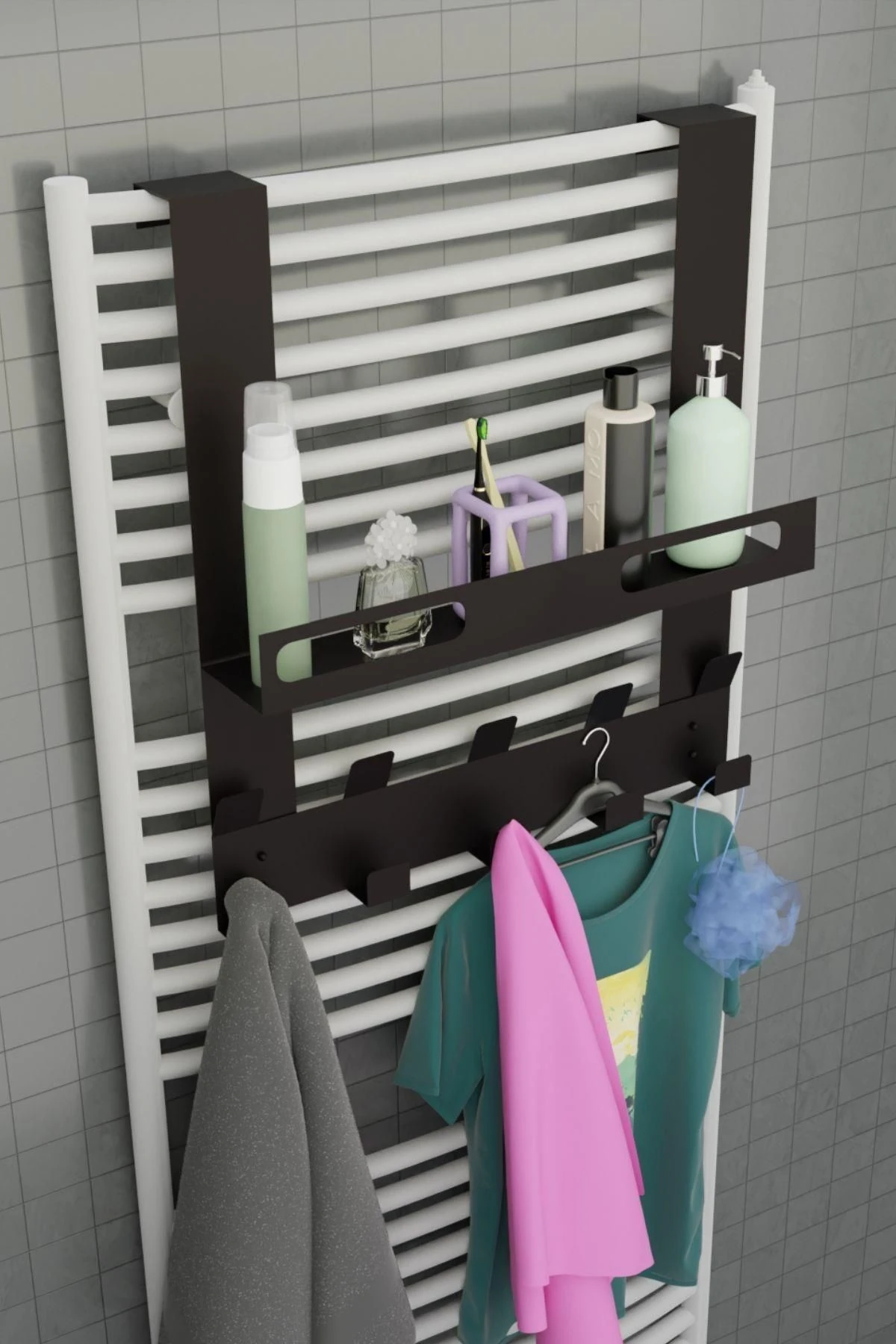 Siyah Raflı Havlupan Askısı Banyo Petek Askısı ve Raflı Havlu Askılığı, Banyo Peteği Askılığı MT105S