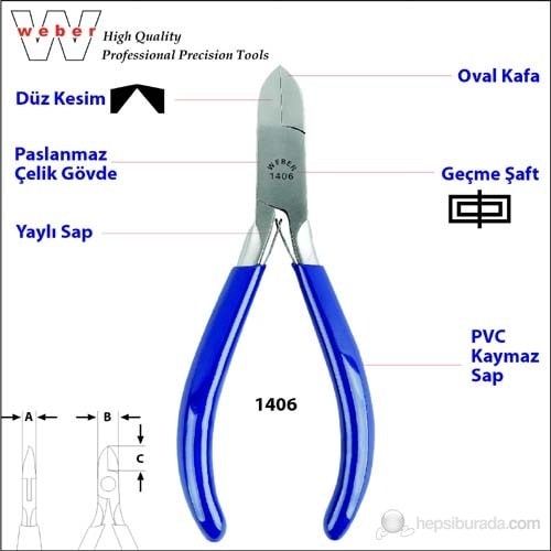 1406 Paslanmaz Çelik Elektronikçi Yan Keski-Yaylı 130 Mm