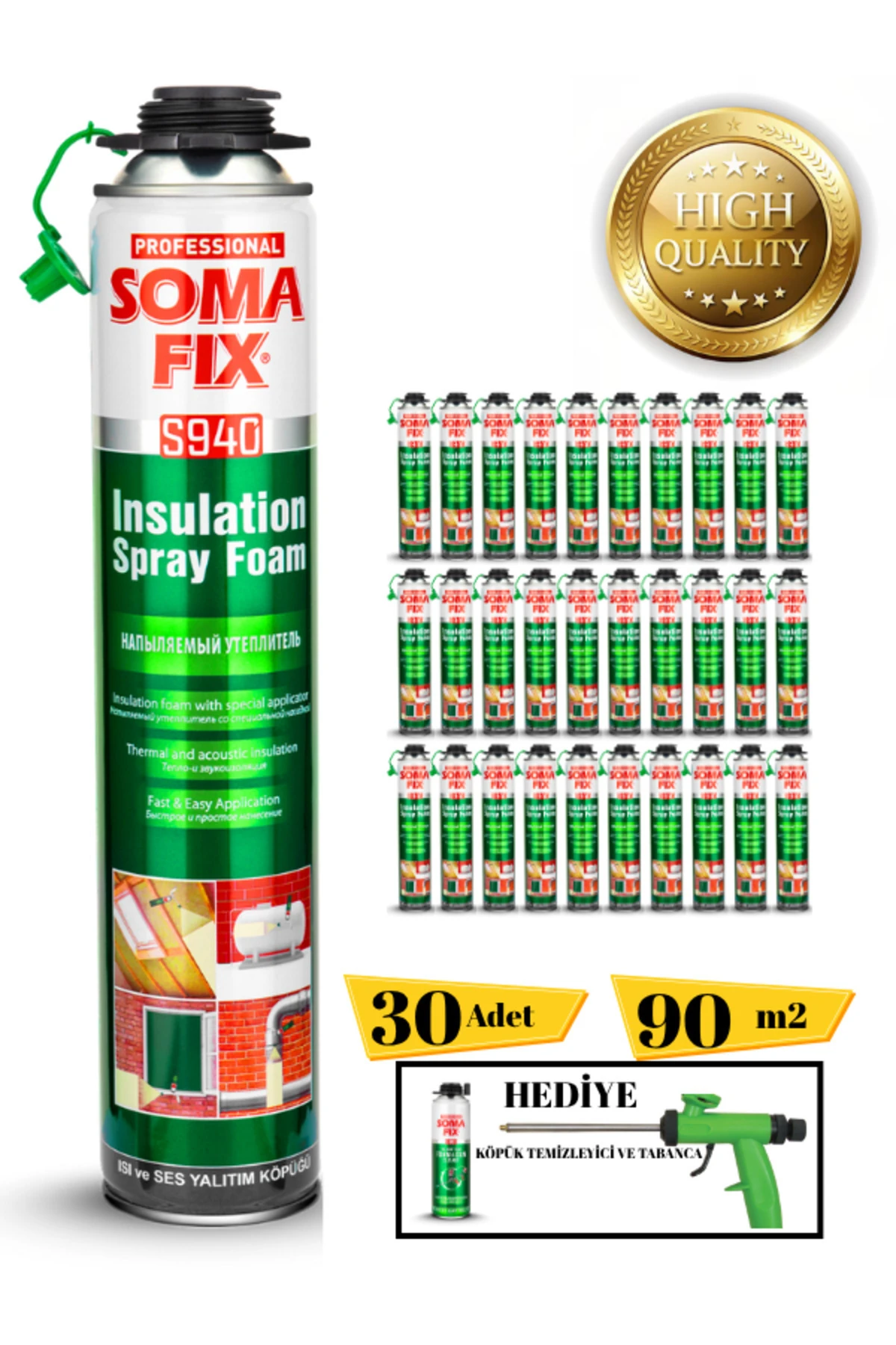 Poliüretan Termal Yalıtım Sprey Köpük Isı Ve Ses Yalıtım 30 Adet (tabanca Ve Temizleyici Hediye )