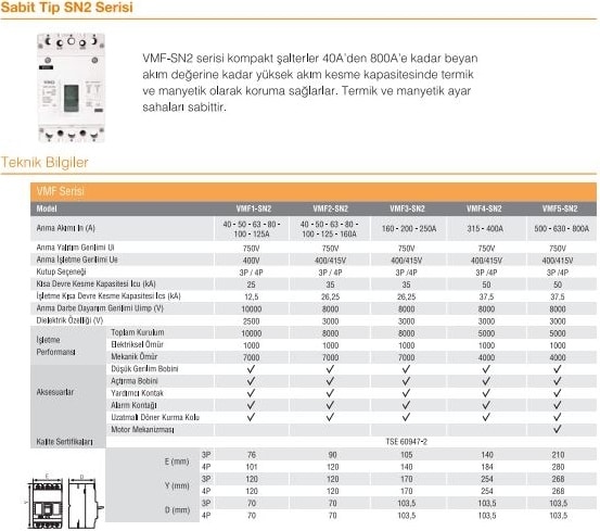 VMF2-160-SN2 160A 3 Kutuplu 35KA Sabit Kompakt Şalter