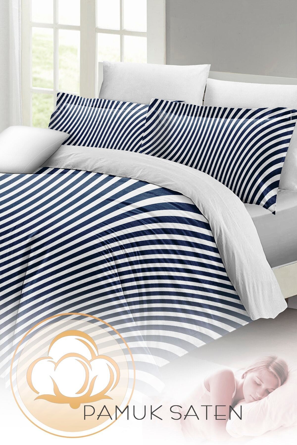 Kıng Sıze Çift Kişilik Nevresim Takımı %100 Pamuk Saten Blue Lines 220x240cm