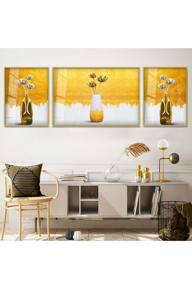 Gold Metal Çerçeveli Soyut Desen Vazo Çiçek Üçlü Kırılmaz Cam Tablo Seti