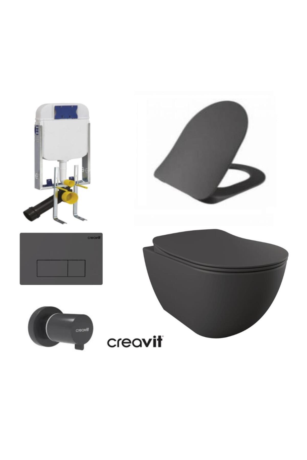 GR5001- FE322 5 Parça Antrasit Mat Asma Klozet Gömme Rezervuar Seti Kanalsız