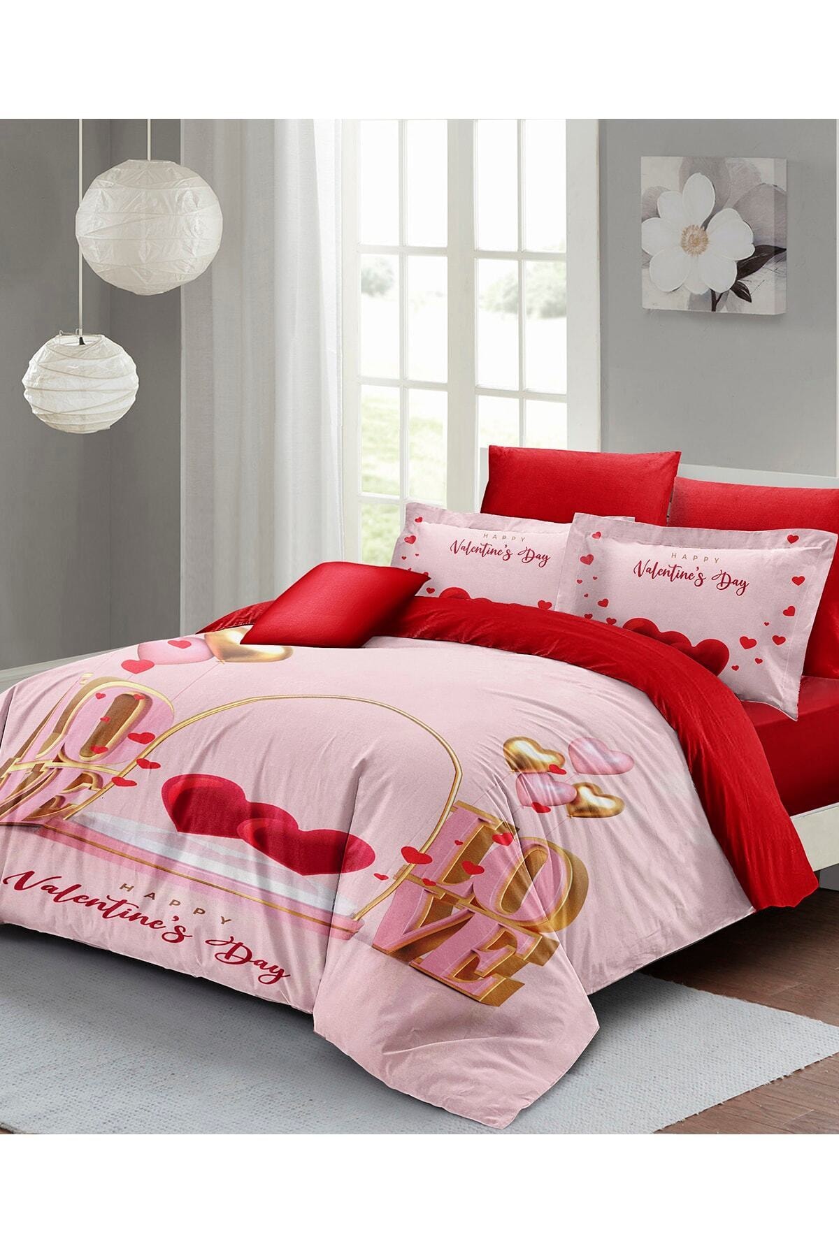 Kıng Sıze Sevgililer Günü Çift Kişilik Nevresim Takımı%100 Pamuk Saten Valentine's Day 220x240cm