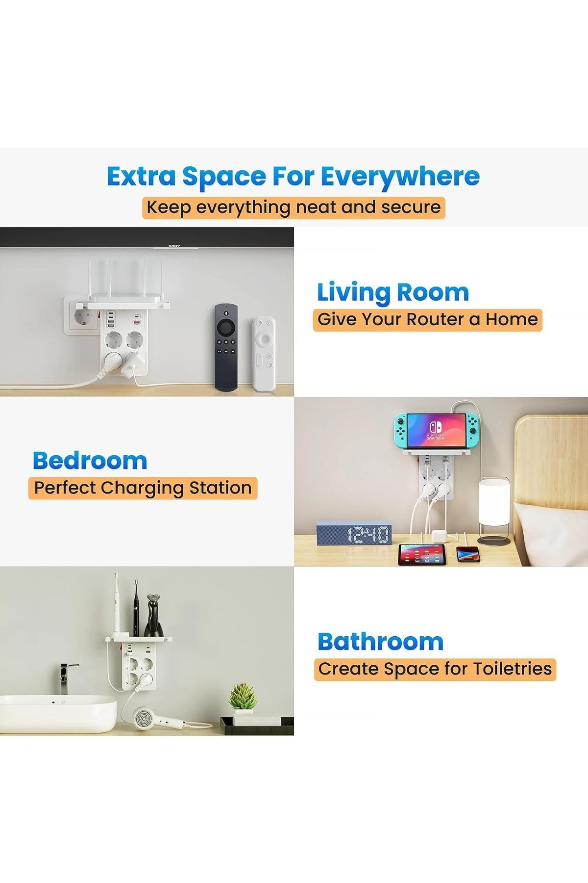 Anahtarlı Çoklu Priz USB C, Akım Korumalı Topraklı Hızlı şarjlı, Priz çoklayıcı Adaptör, Beyaz