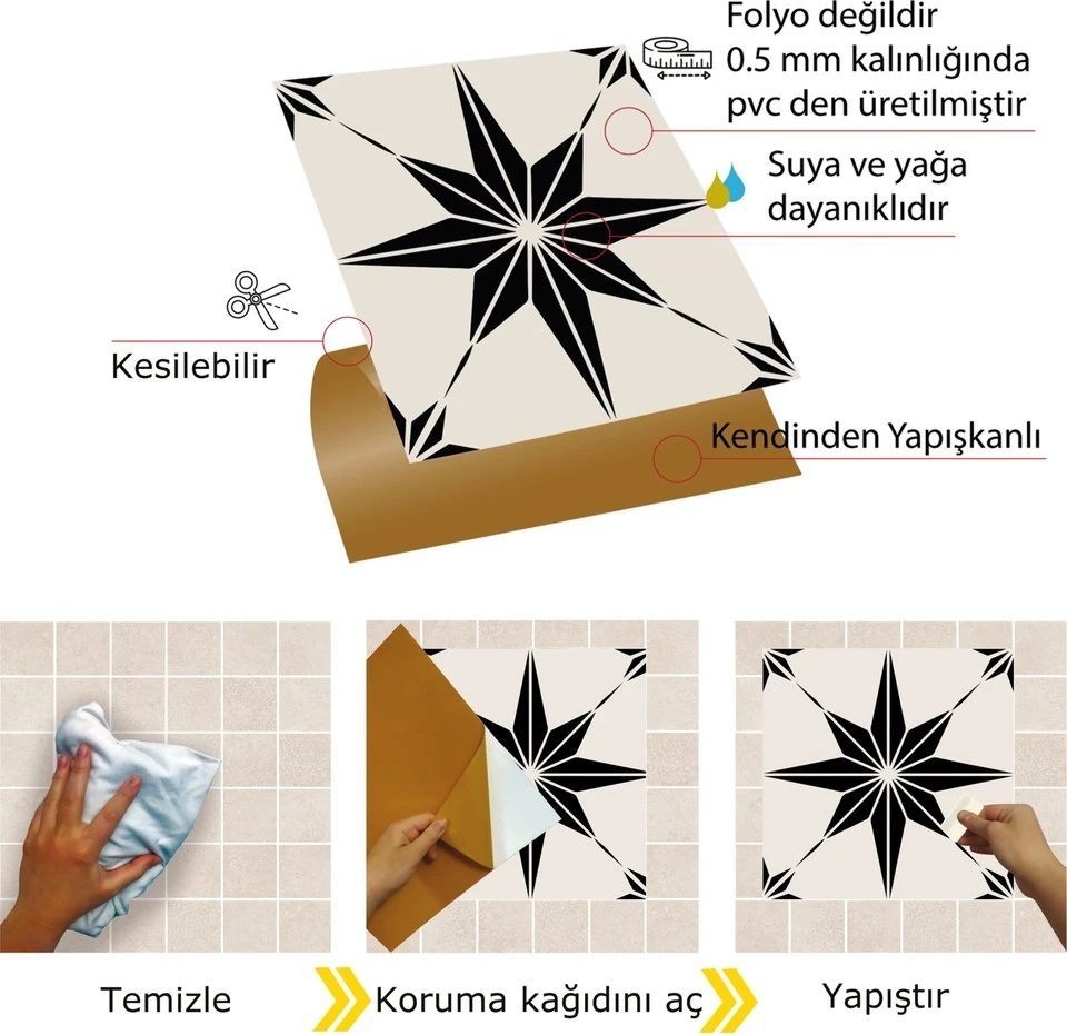 Kendinden Yapışkanlı Siyah Yıldız Desenli Pvc Karo 30X30 cm (33 Adet) 3m2