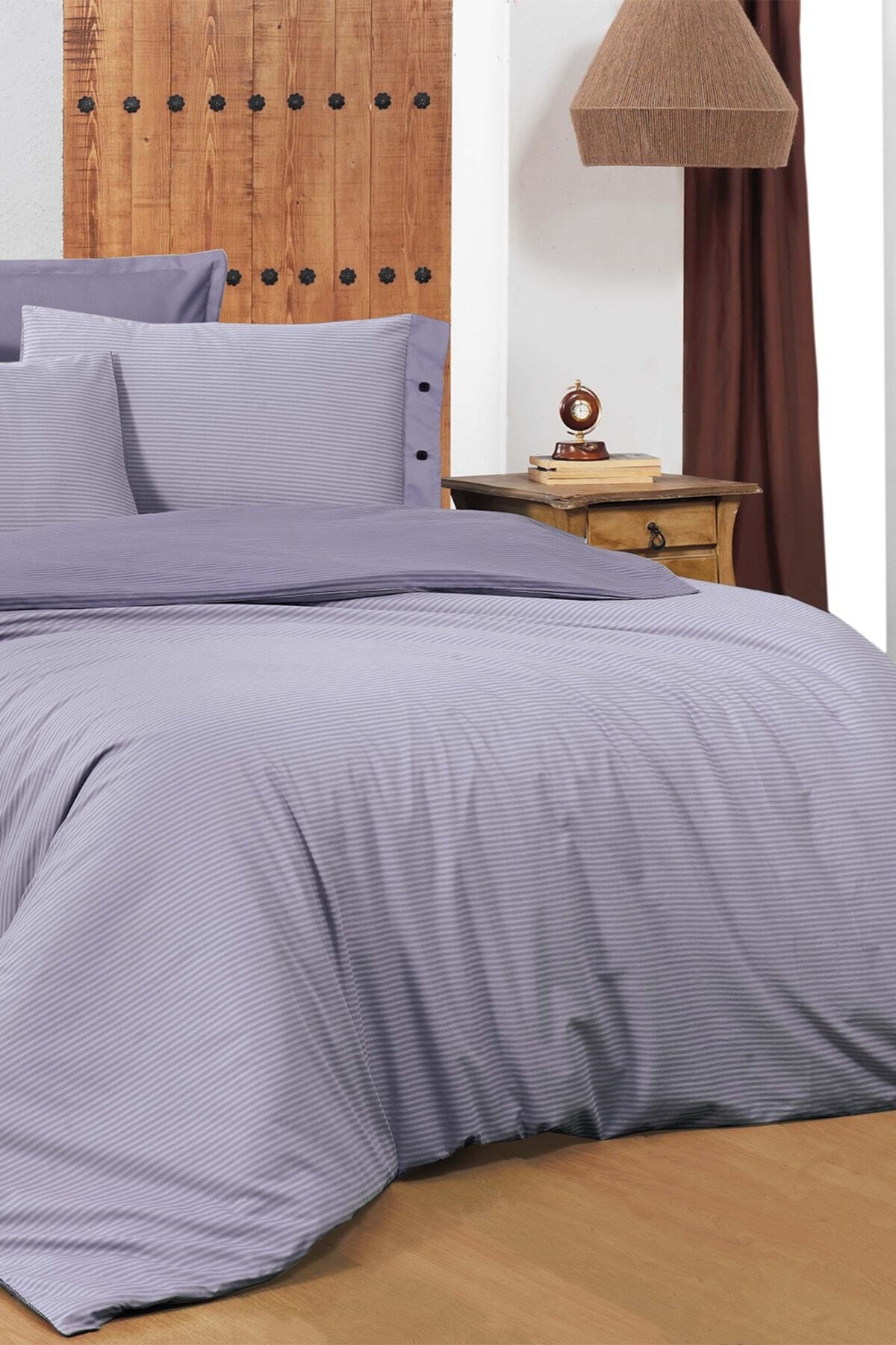 New Fancy Stripe Lila King Size (battal Boy) %100 Pamuk Çizgili Nevresim Takımı