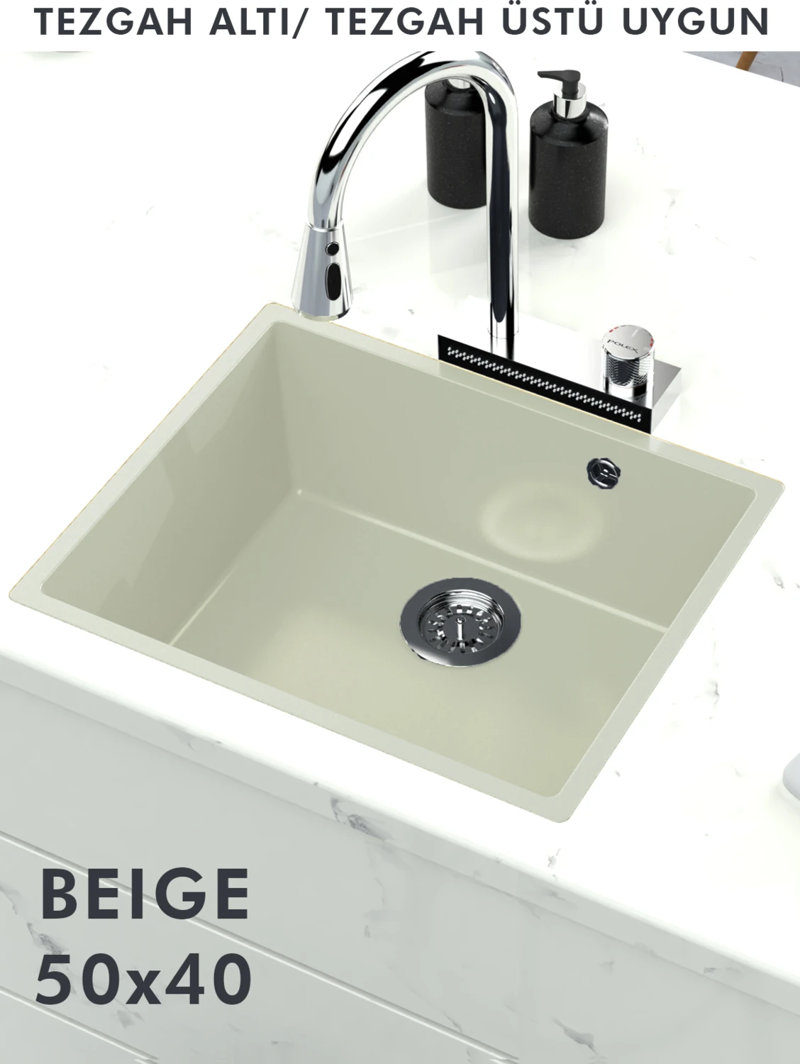 Granit Eviye Tek Gözlü Bej 50X40 Evye Kuvars Tezgah Altına Uygun