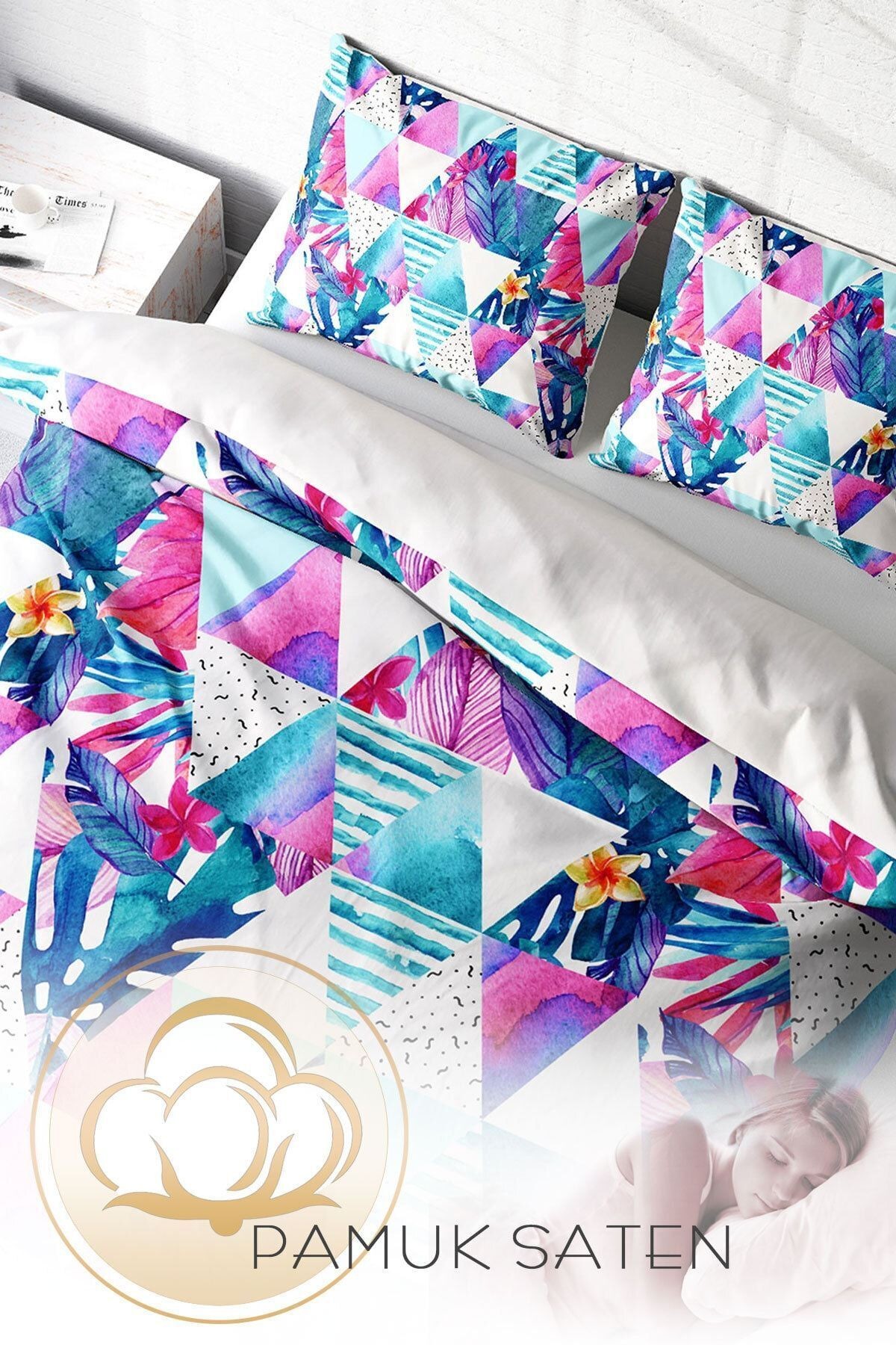 Geometric Tropical 3d Pamuk Saten Çift Kişilik Nevresim Takımı