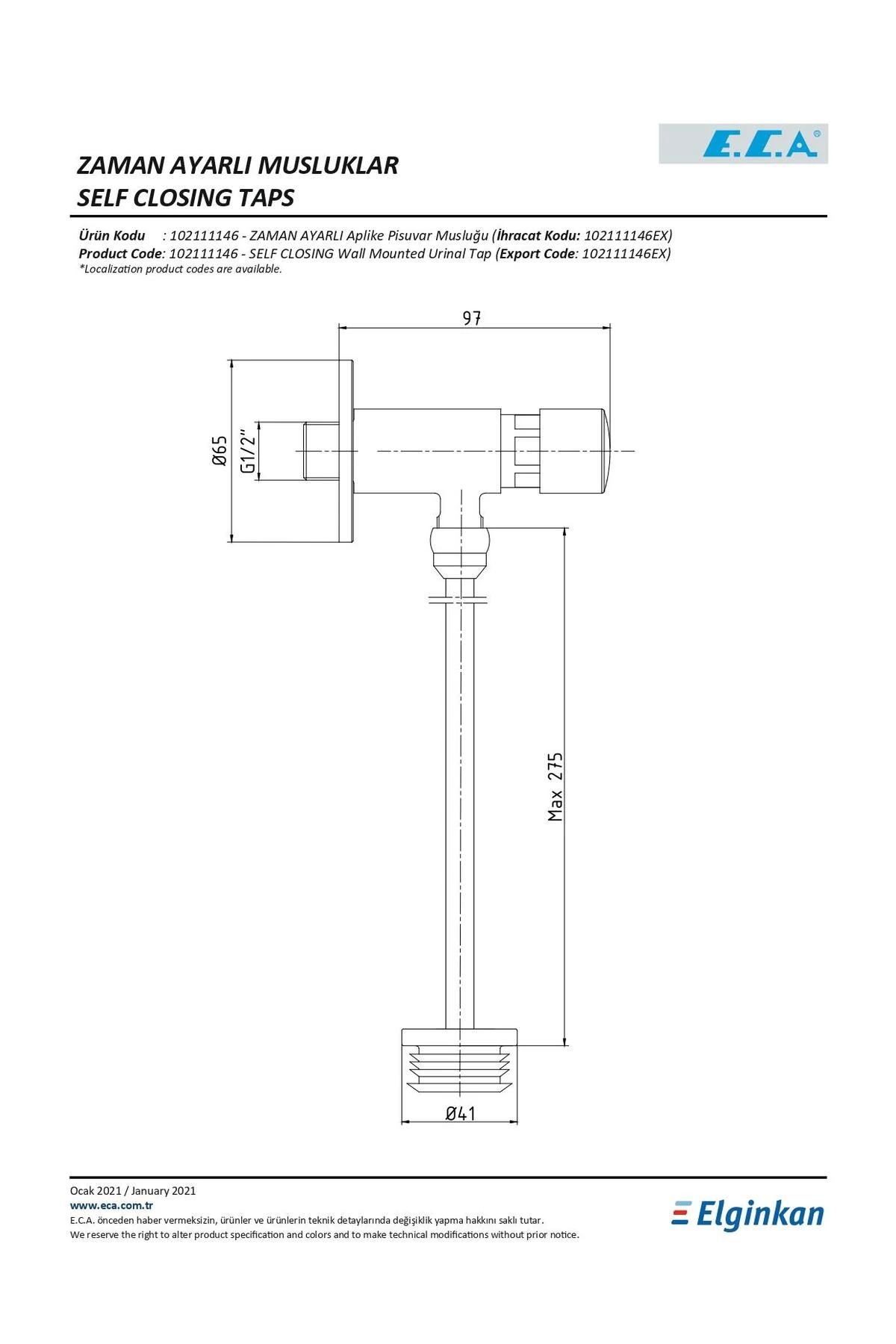 Zaman Ayarlı Aplike Pisuvar Musluğu 102111146