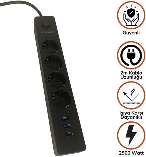 Termal Akım Korumalı 4 Priz 3 USB Girişli Uzatma Kablosu Güç&şarj