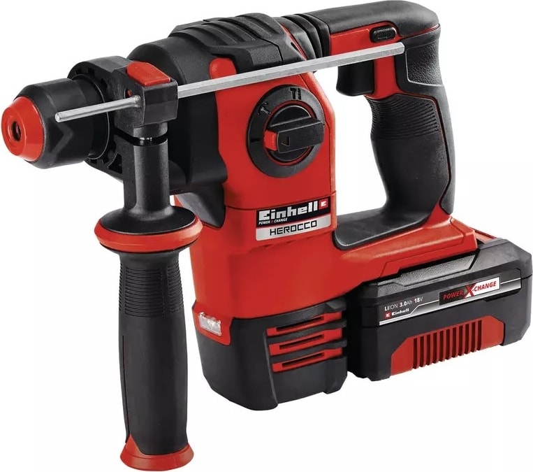Herocco Akülü Kırıcı Delici Kit +5 (1 x 3.0 Ah) Power X-Change (Li-Ion, 18V, 2.2 J, 18 Nm, SDS-Plus, 3.0 Ah akü, şarj cihazı, 3 matkap ucu, düz keski, sivri keski, E-Box dahil) - 4513975
