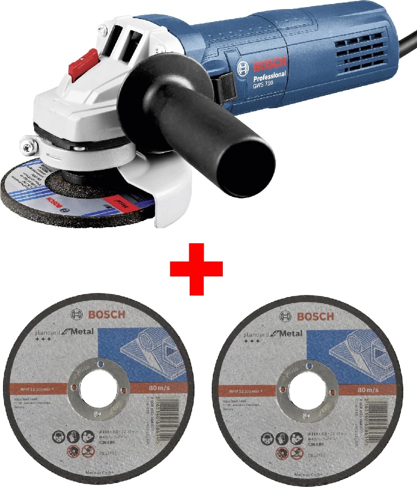 BOSCH Avuç Taşlama Makinesi Gws 750 115MM Spiral + 2 Adet 115MM x 2.5mm Düz Metal Kesme Diski