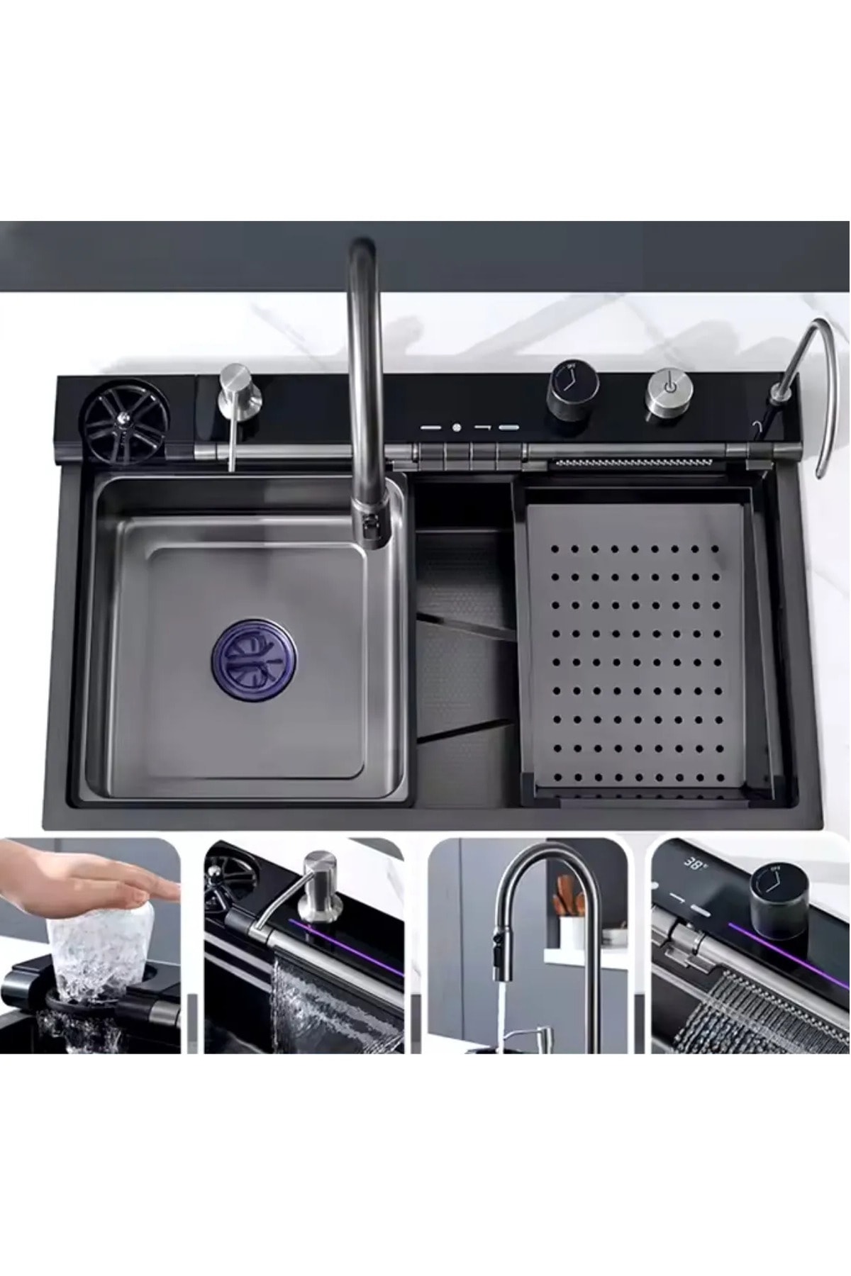 Premium Akıllı Teknolojik Eviye Seti Paslanmaz Çelik 4 mm Evye Tüm Aksesuarlar Dahil 9 Foksyn