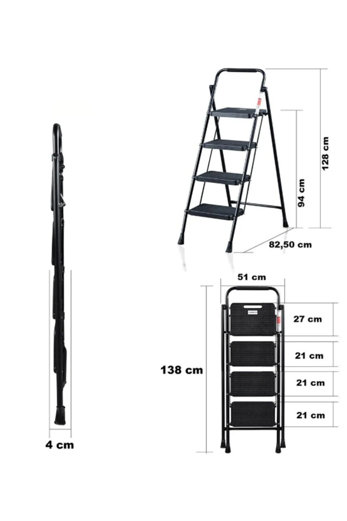51404 Stepla Geniş 4 Basamaklı Katlanır Merdiven Eurotower Siyah