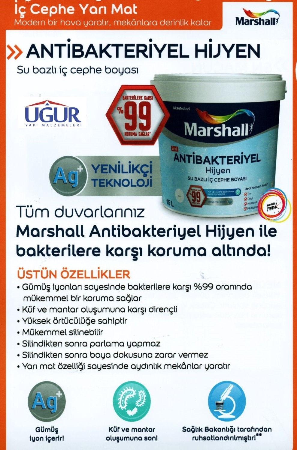 Antibakteriyel Hijyen Su Bazlı Silinebilir Iç Cephe Boyası 15 Lt