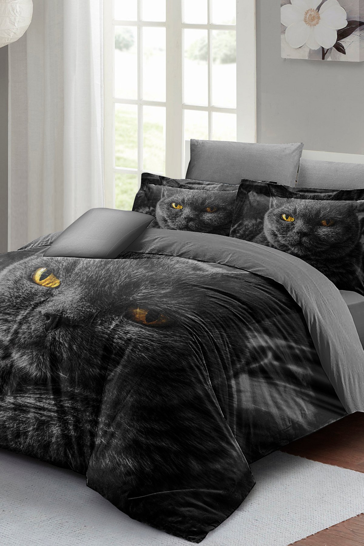 Kıng Sıze Serious Cat Naturel Çift Kişilik Nevresim Takımı 220x240cm
