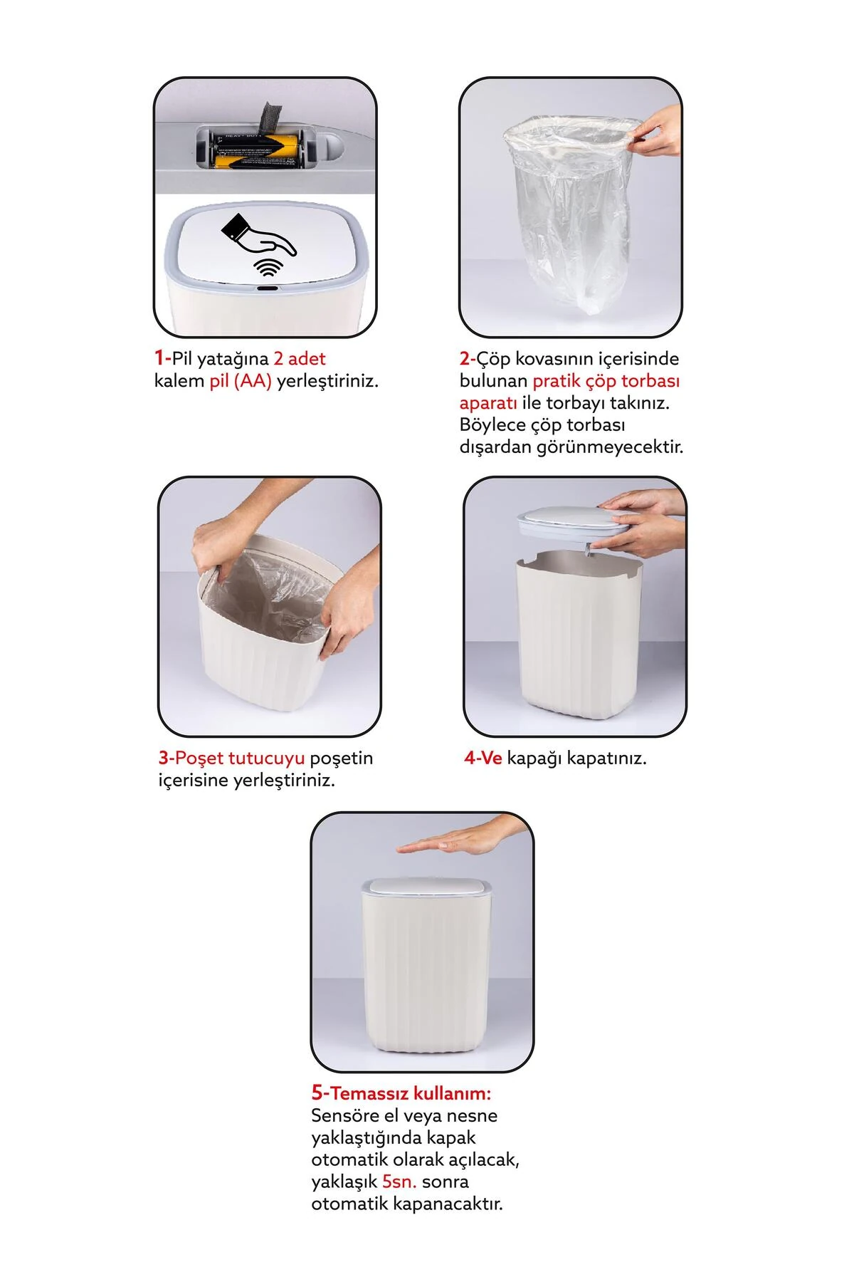 Hareket Sensörlü 12lt Kırık Beyaz Çöp Kovası