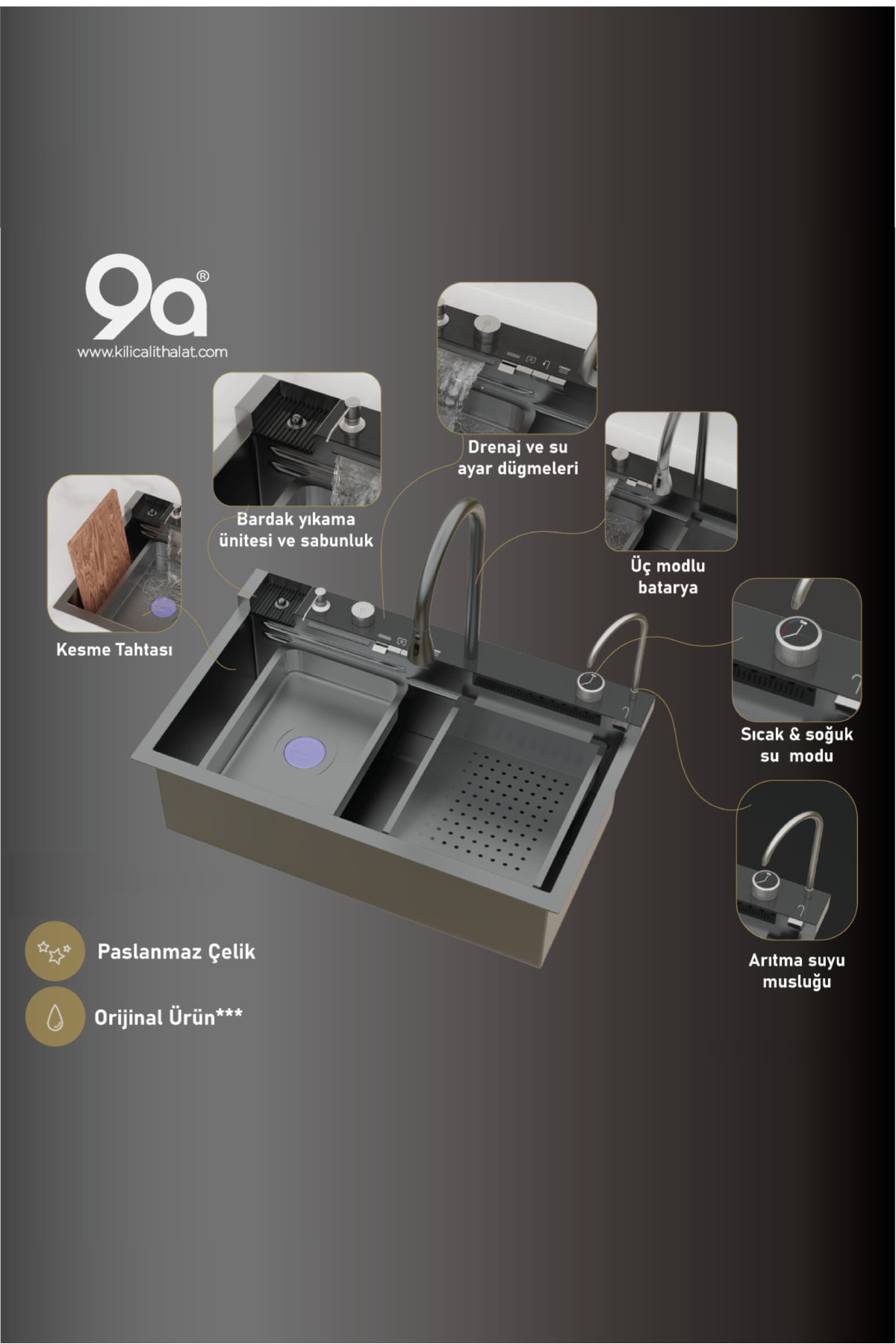 Mutfak Eviyesi Teknolojik Akıllı Eviye 304 Materyal Paslanmaz Çelik 3 Mm Kalınlık Garantili