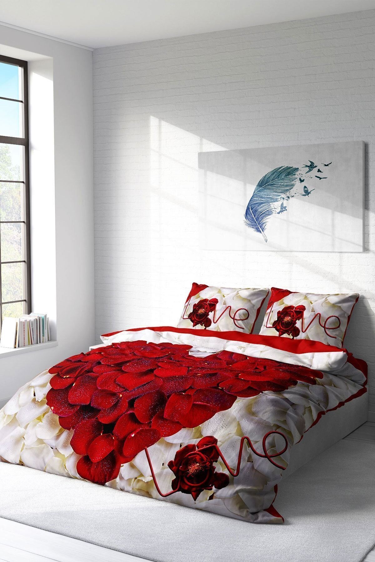Sevgilier Günü Çift Kişilik Nevresim Takımı 3d Pamuk Saten Heart Rose
